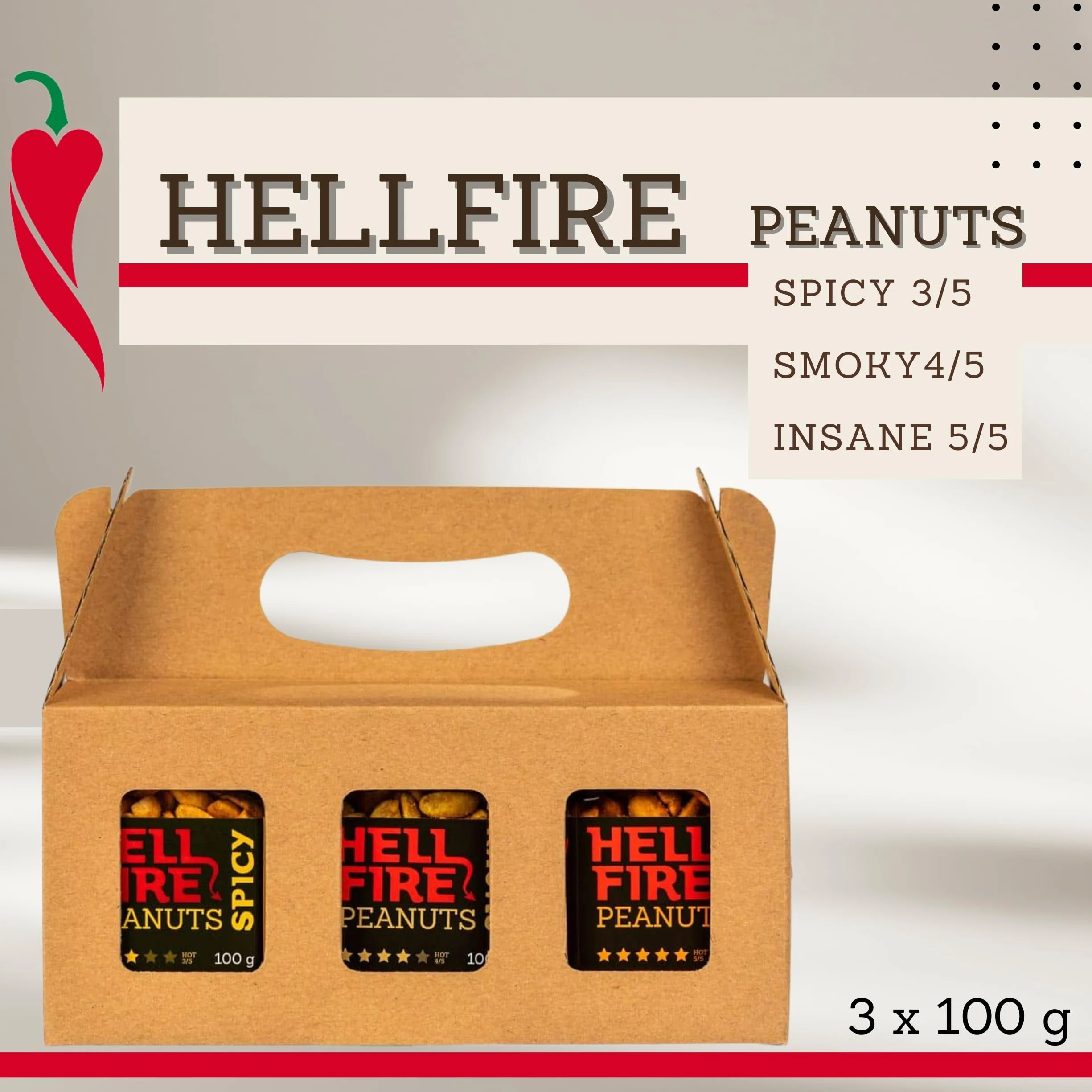 I LOVE SPICY Hellfire Peanuts Zestaw Prezentowy 3 x 100 g – Pikantne Orzeszki Ziemne Z Habanero, Trinidad Scorpion & Carolina Reaper – Smaczny Prezent Dla Miłośników Ostrych Smaków – Ostrości 3-5/5