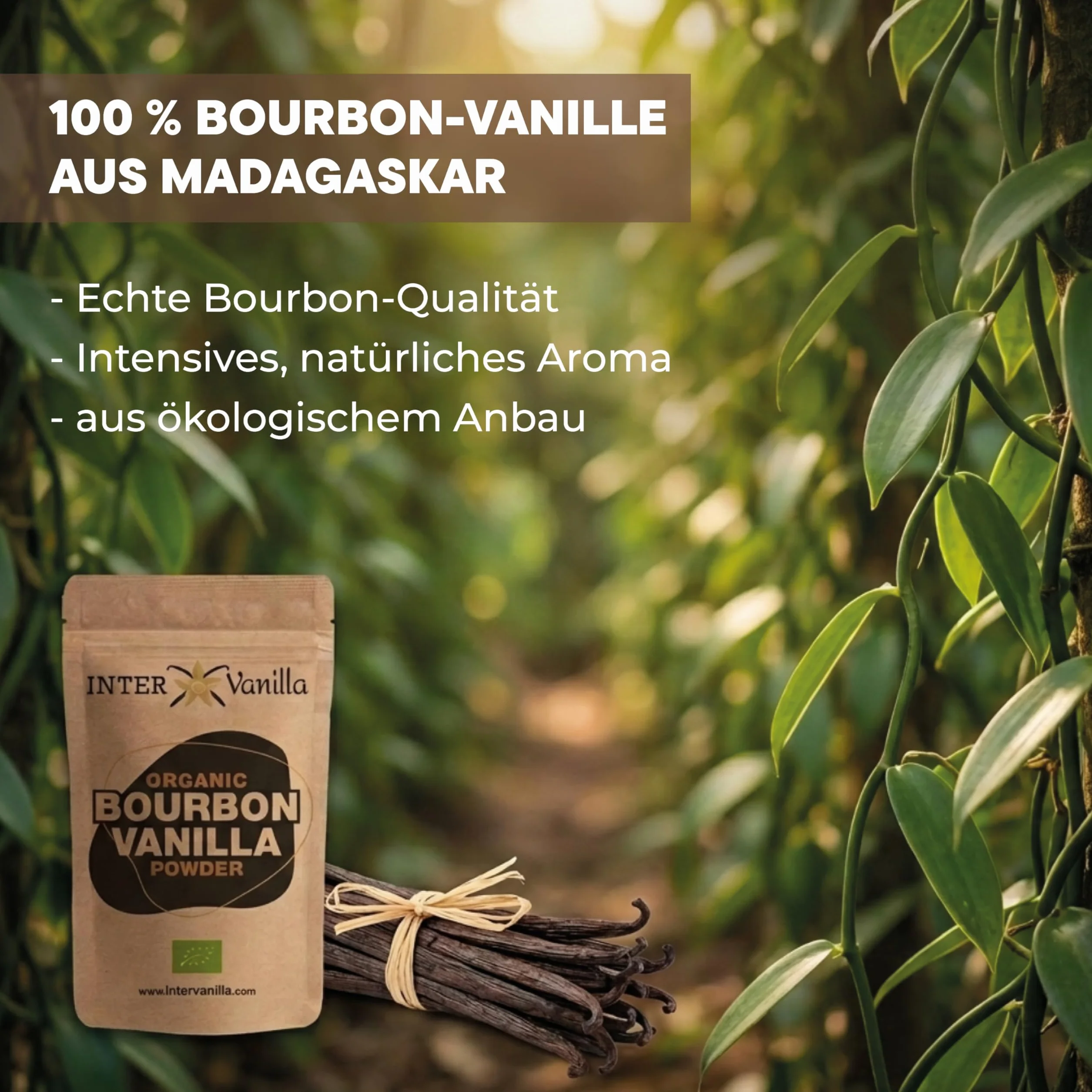 InterVanilla BIO Bourbon proszek waniliowy, 25g zmielonego proszku wanilii Bourbon. Proszek waniliowy z Madagaskaru. Zmielona wanilia bez dodatków