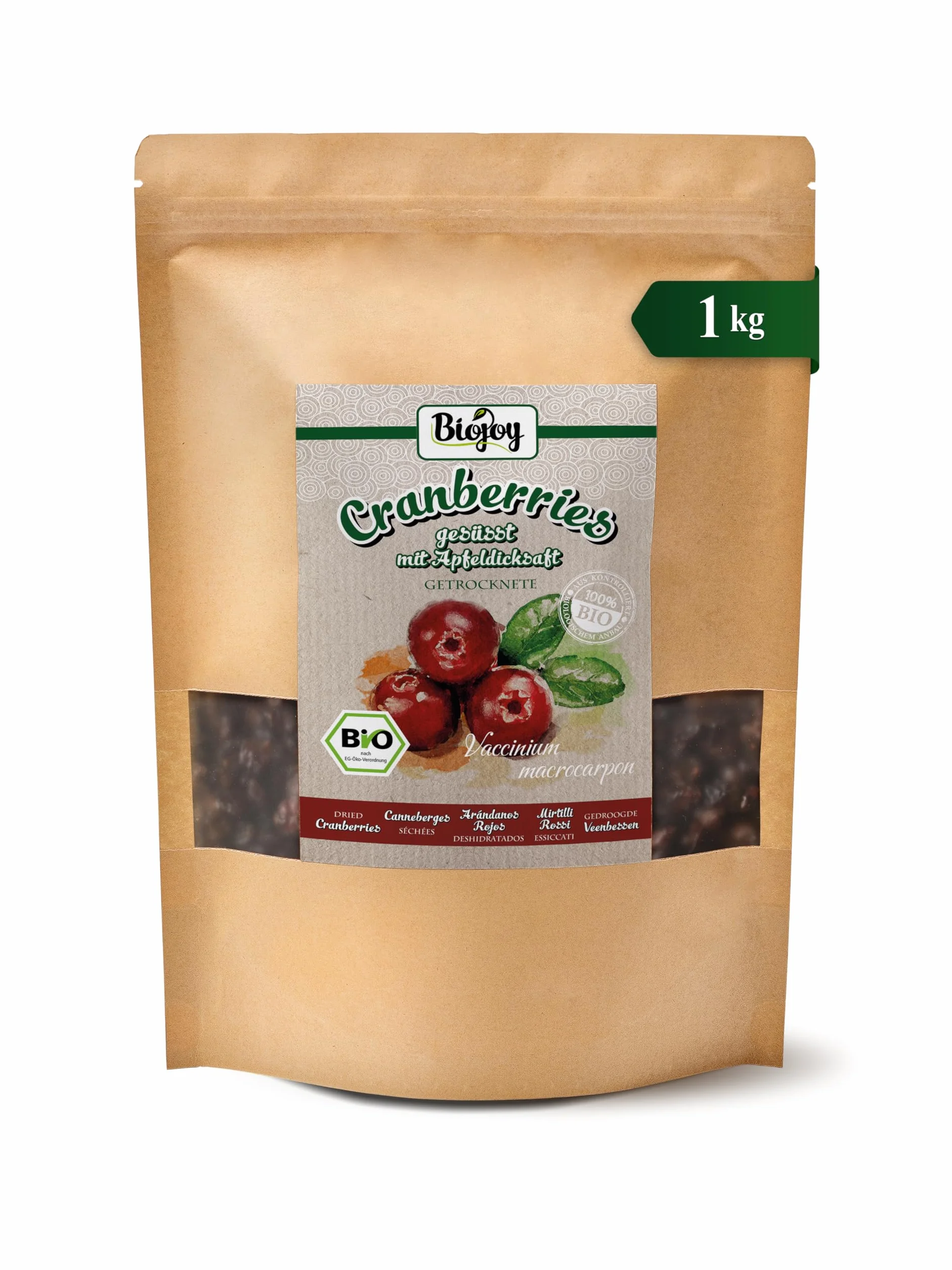 Biojoy Organiczna Żurawina suszona 1 kg słodzona sokiem jabłkowym