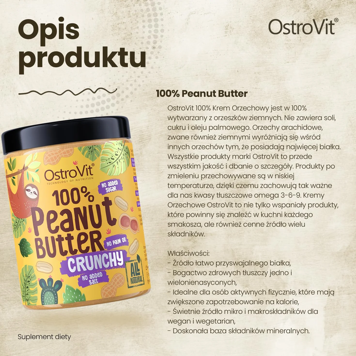 OstroVit 100% Krem Orzechowy Crunchy | 1000 g | 100% Orzechów Ziemnych | Bez Cukru, Bez Soli, Bez Oleju Palmowego | Naturalne Masło Orzechowe | Źródło Białka