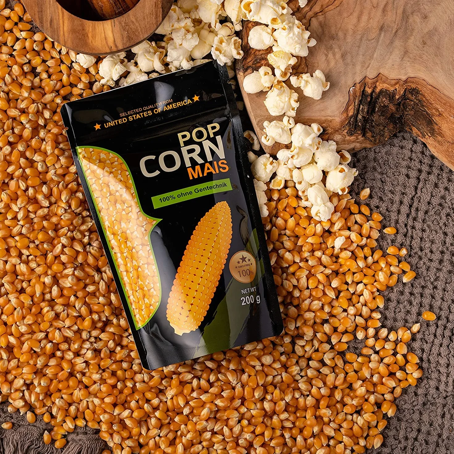Kukurydza kukurydziana z Ameryki w opakowaniu chroniącym aromat bez GMO do maszyny do popcornu, poppera, rondelka lub kuchenki mikrofalowej (1x200g)