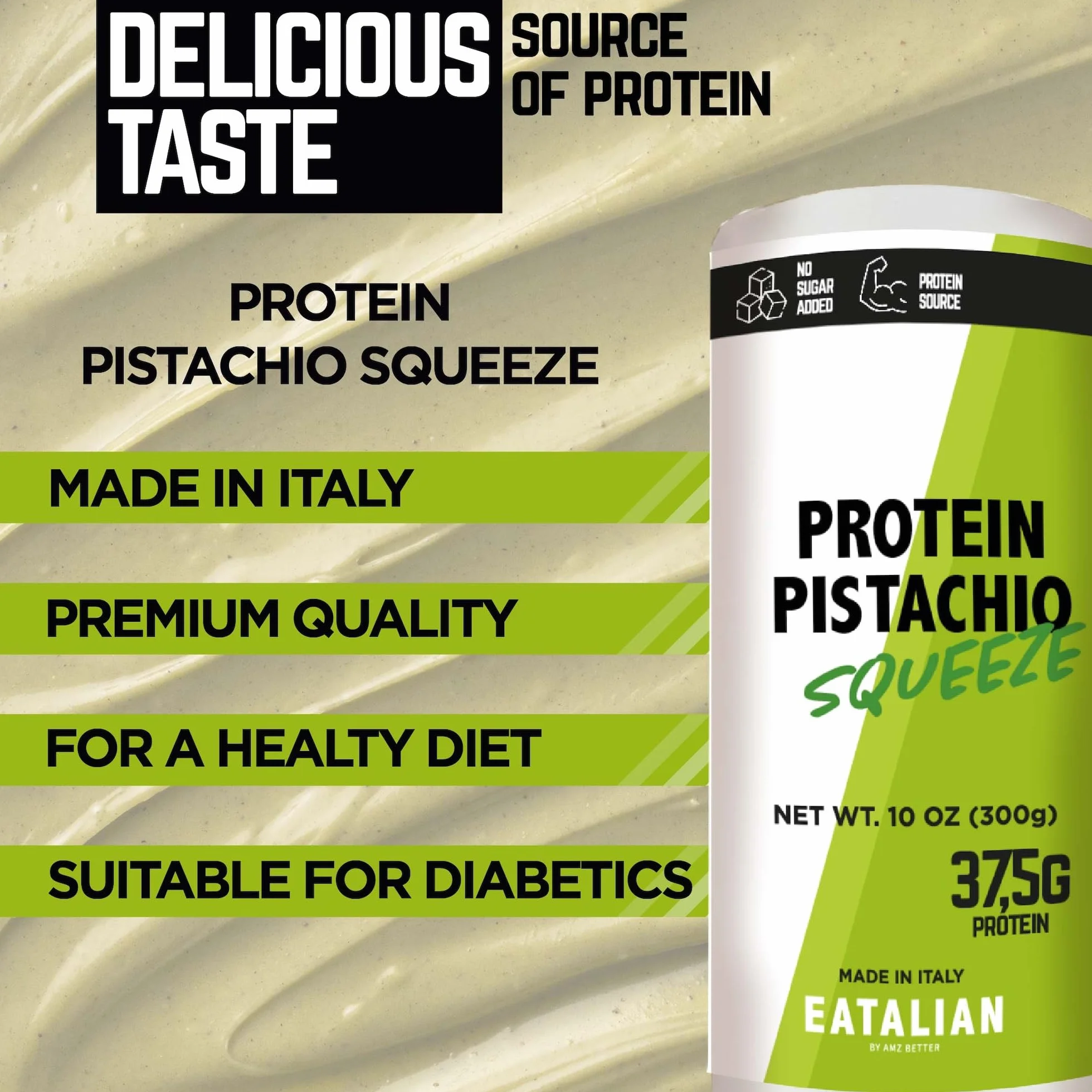 EATALIAN by AMZ BETTER Protein Pistachio Flavoured Topping, słodki krem proteinowy w tubce 300 g, wyprodukowany we Włoszech, sos pistacjowy idealny do dekoracji lodów, deserów i czekolady Dubai