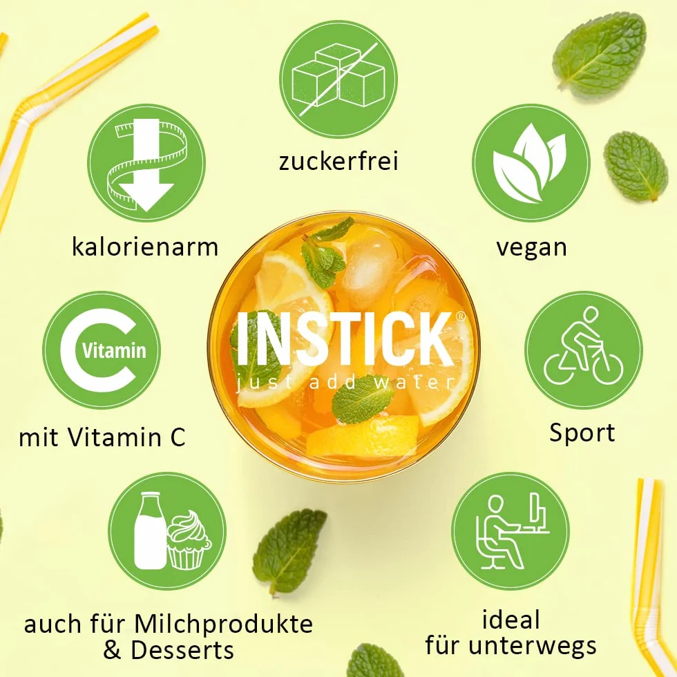 Instick Napój instant bez cukru (mrożona herbata brzoskwiniowa) – 1 opakowanie, na 12 x 0,5-1 l, wegański napój w proszku, niskokaloryczny i witamina C, proszek instant