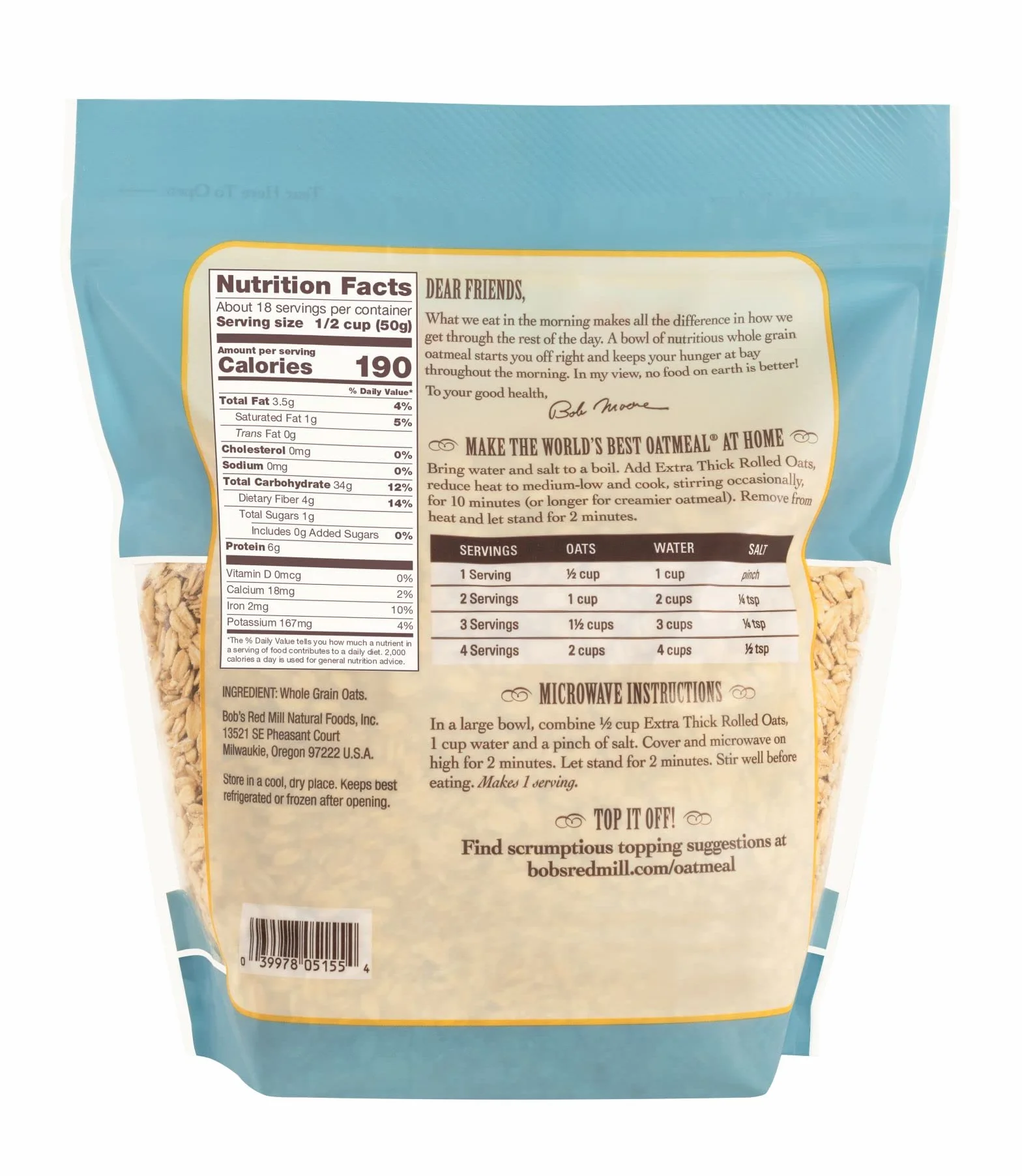 Bob's Red Mill Extra Thick Rolled Oats 32 Ounce Non GMO Whole Grain Vegan Kosher
