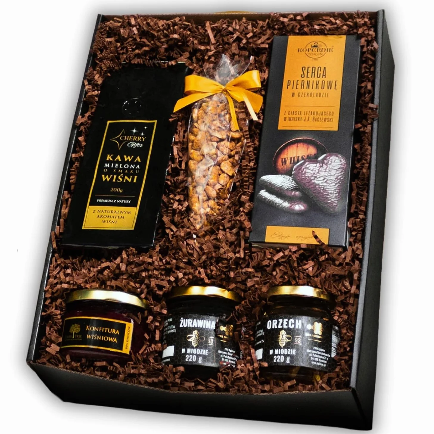 Kosz prezentowy ELEGANCKI BOX kawa wiśniowa, konfitura, pierniki whisky