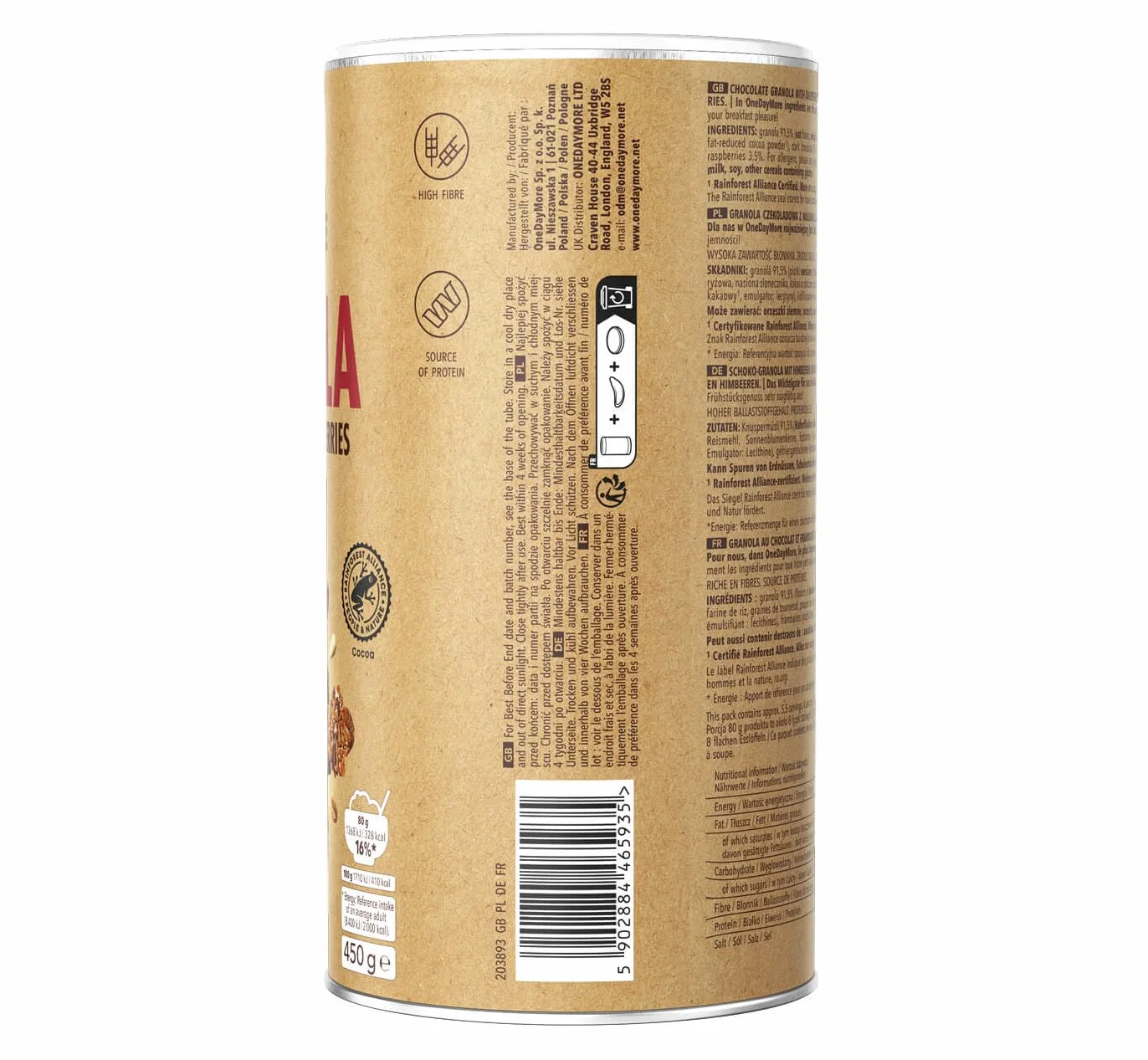 OneDayMore Granola Czekoladowa z Malinami | 450 g | Bez oleju palmowego | Źródło błonnika | Liofilizowane maliny | Bez syropu glukozowo-fruktozowego