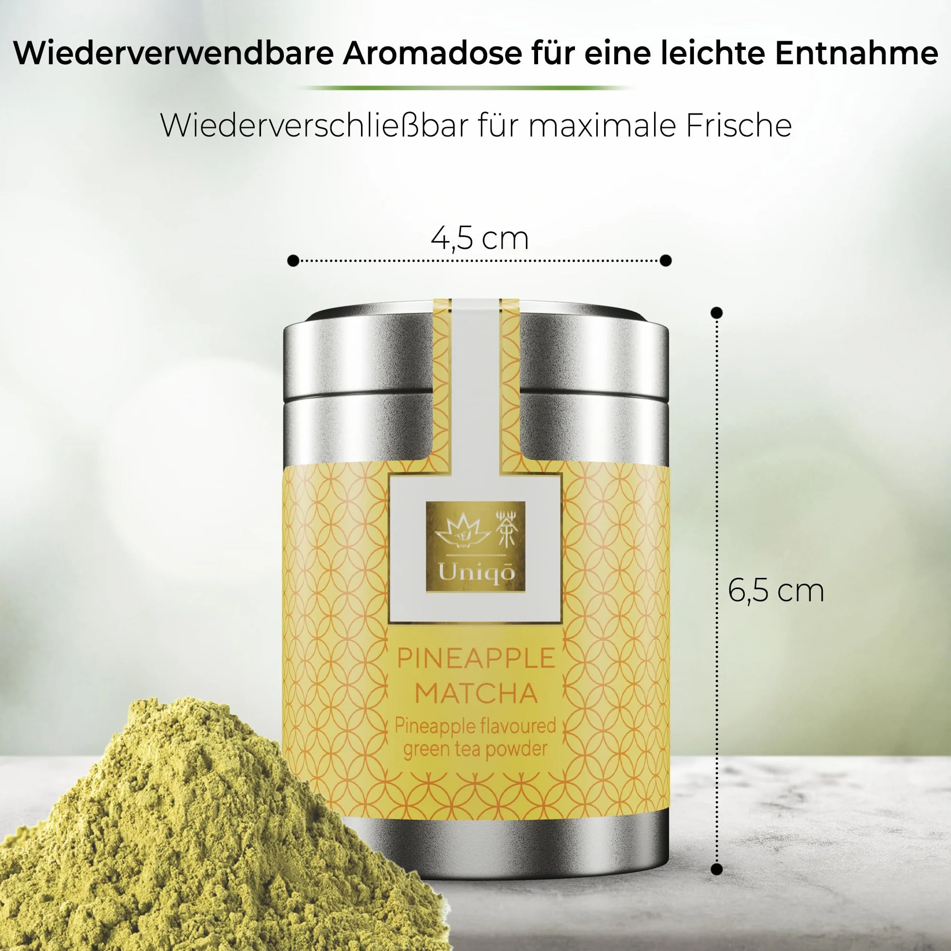 Tea Uniqo Ananas matcha latte herbata w proszku, idealna do bubble tea, koktajli lub picia bez dodatków, japońska herbata macha w proszku o smaku ananasa, bez sztucznych barwników w szlachetnej puszce