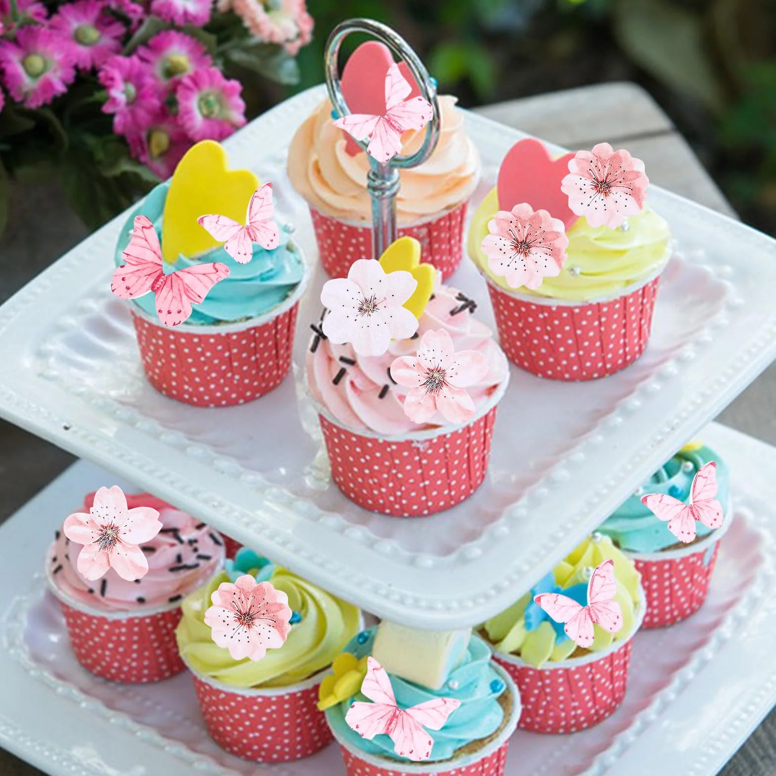 90 szt. jadalne kwiaty motyl dekoracja tortu, różowy papier waflowy motyl babeczki toppery jadalny kwiat wiśni ciasto topper ciasta kostki na baby shower dzieci urodziny dekoracje ślubne