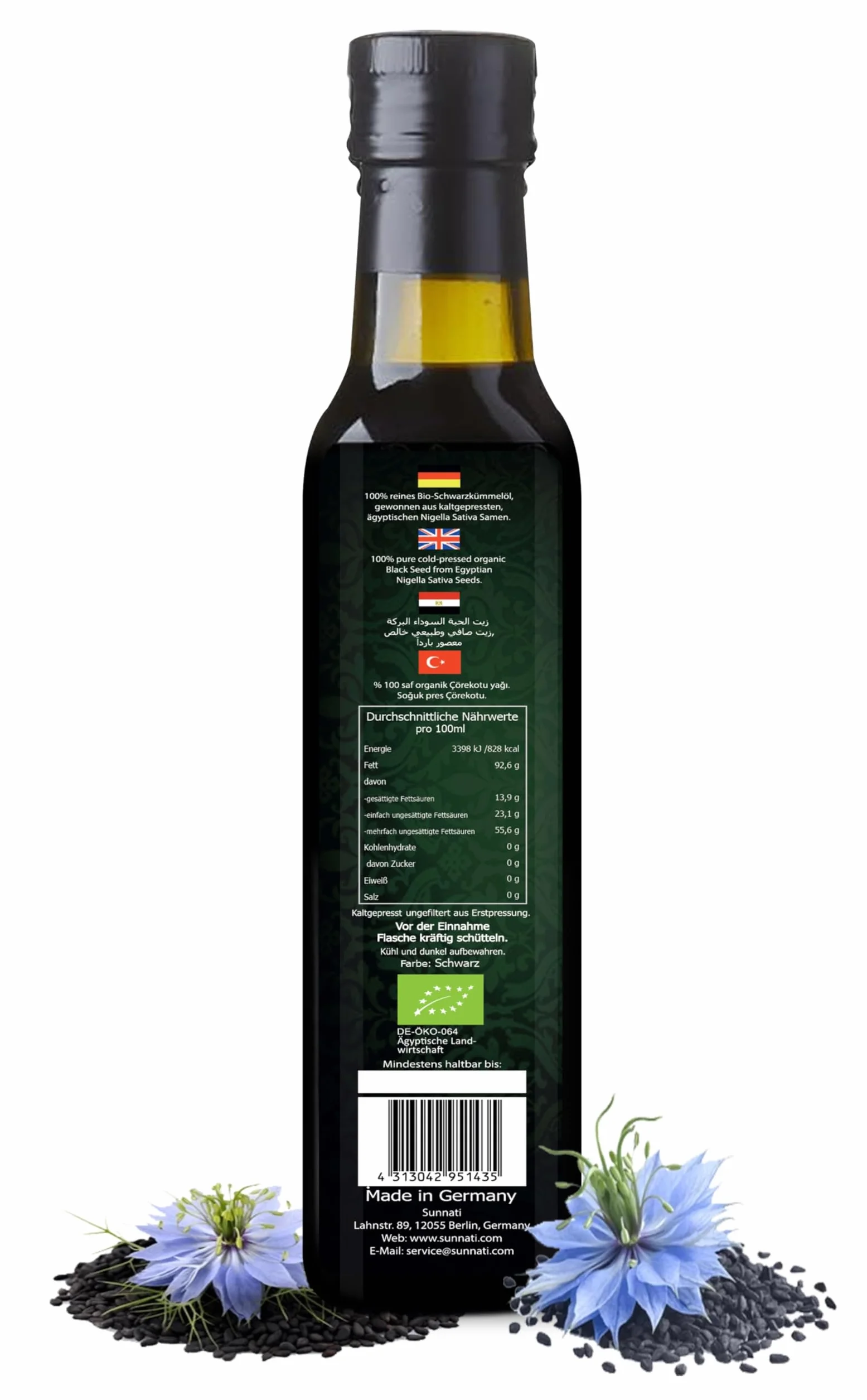 Sunnati Bio olejek z czarnuszki niefiltrowany tłoczony na zimno 100% czysty 500 ml