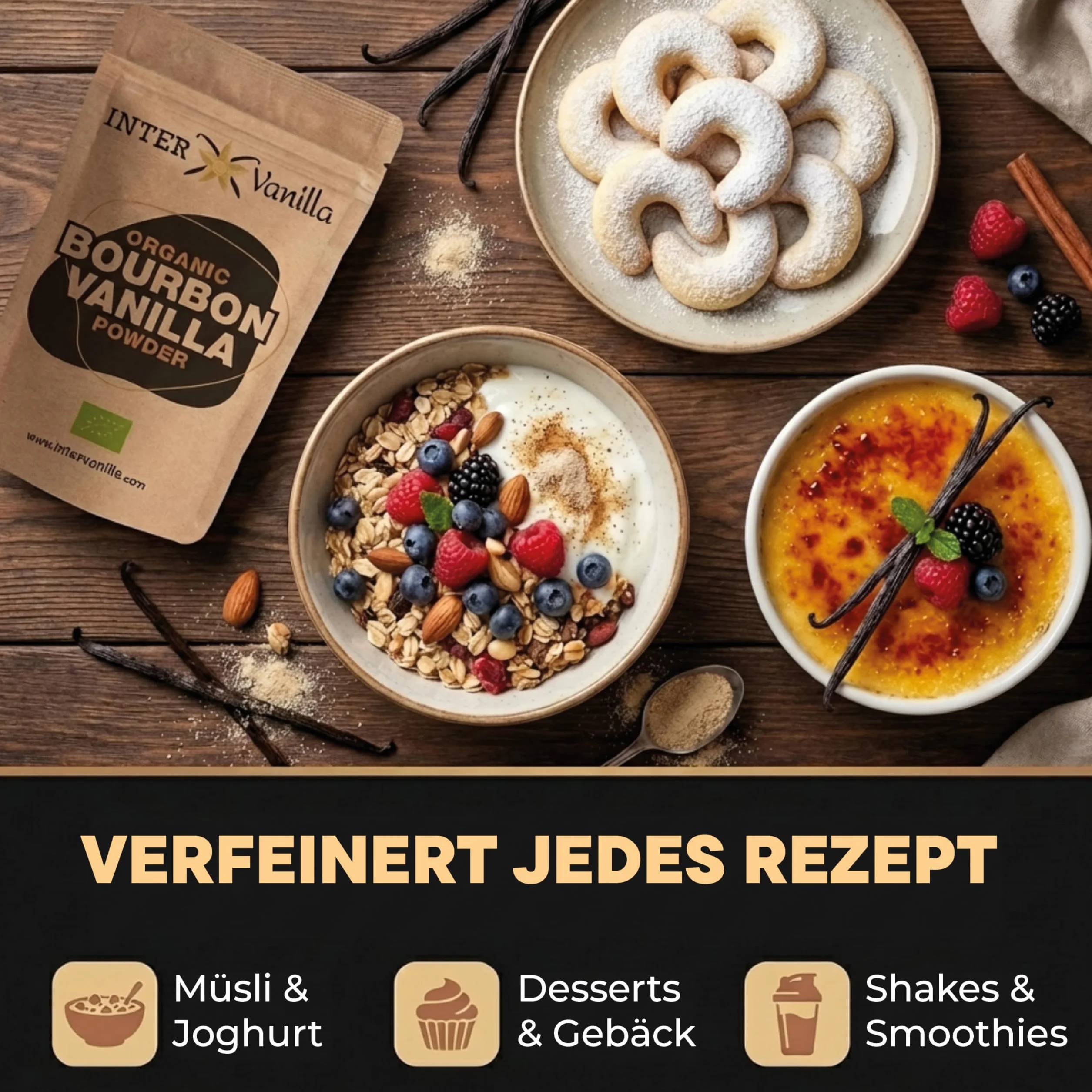 InterVanilla BIO Bourbon proszek waniliowy, 25g zmielonego proszku wanilii Bourbon. Proszek waniliowy z Madagaskaru. Zmielona wanilia bez dodatków