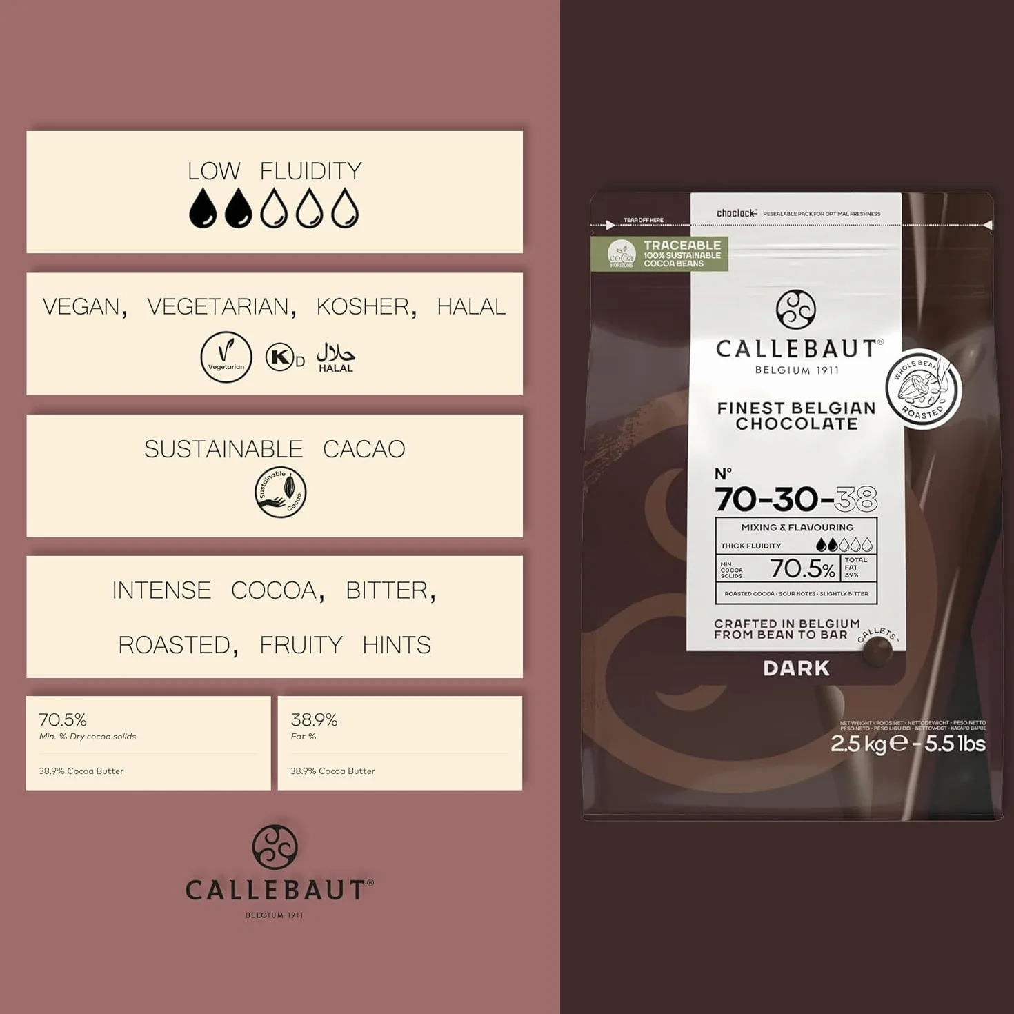 CALLEBAUT Receptura nr 70-30-38, gorzka czekolada, 70,5% kakao, 2,5 kg