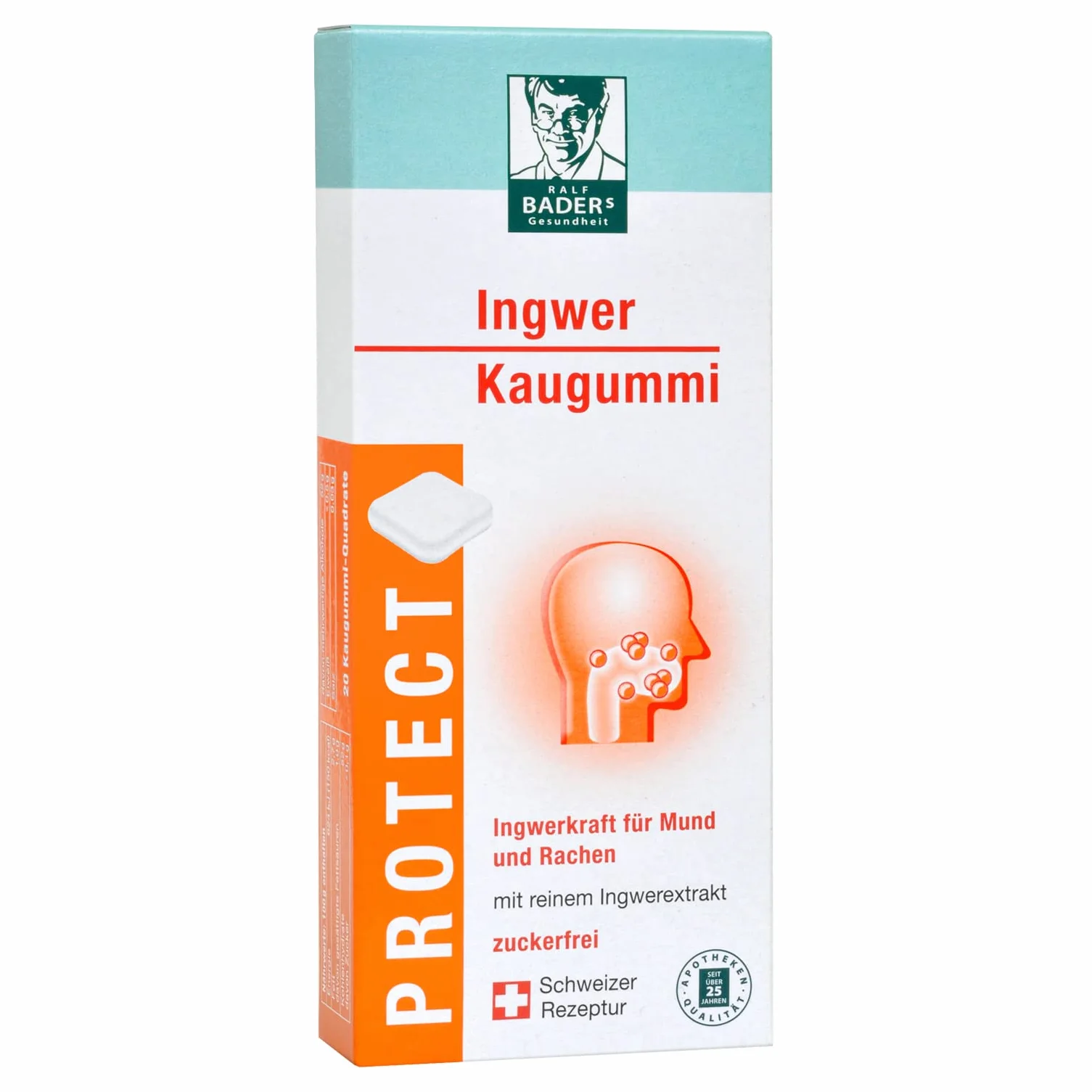BADERs Ginger Guma do żucia z farmacji, z Gingerol do ostrzenia składników idealny do podróży imbir pomarańczowy smak, 20 guma do żucia kwadratów, szwajcarski produkt
