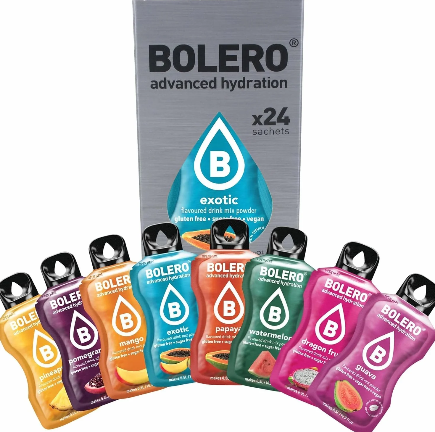 Bolero EXOTIC MIX 24x3g | Proszek do napojów bez cukru, słodzony stewią + witamina C | odpowiedni dla dzieci, sportowców i diabetyków | bezglutenowy i przyjazny dla wegan