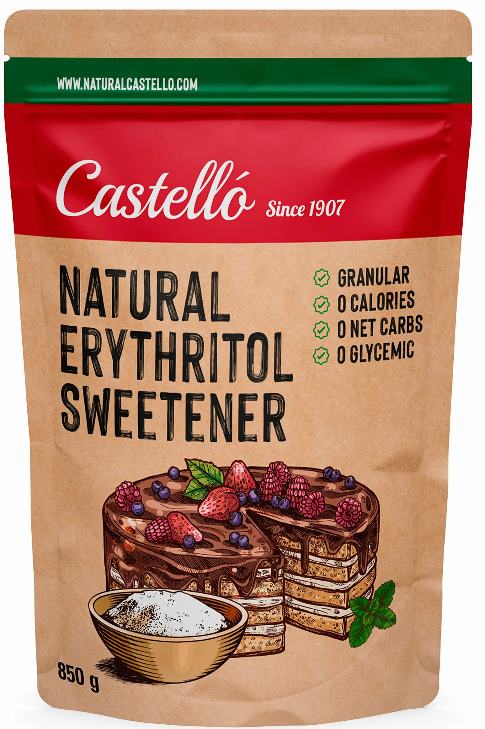 Słodzik z Erytrytol - Granulowany | 10g = 7g cukru | Słodzik o 100% naturalnym smaku - 0 Kalorii - 0 Indeks Glikemiczny - Keto i Paleo - 0 Węglowodanów Netto - Bez GMO - Castello since 1907-850 g