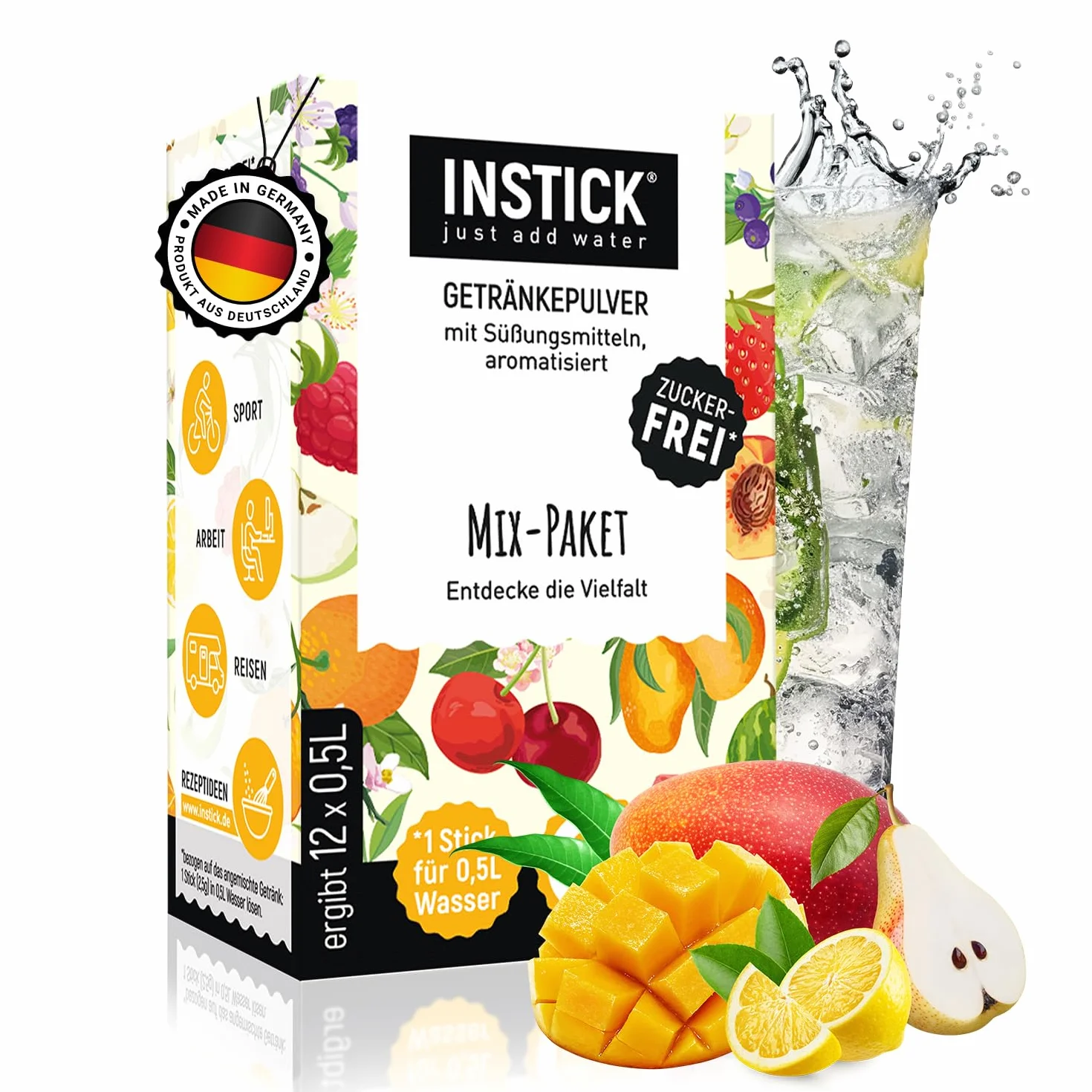INSTICK | bezcukrowy napój instant – zestaw do miksowania 12 różnych rodzajów | opakowanie 12 szt. na 12 x 0,5 l | proszek do napojów – wegański, niskokaloryczny, z witaminą C, aromatyzowany