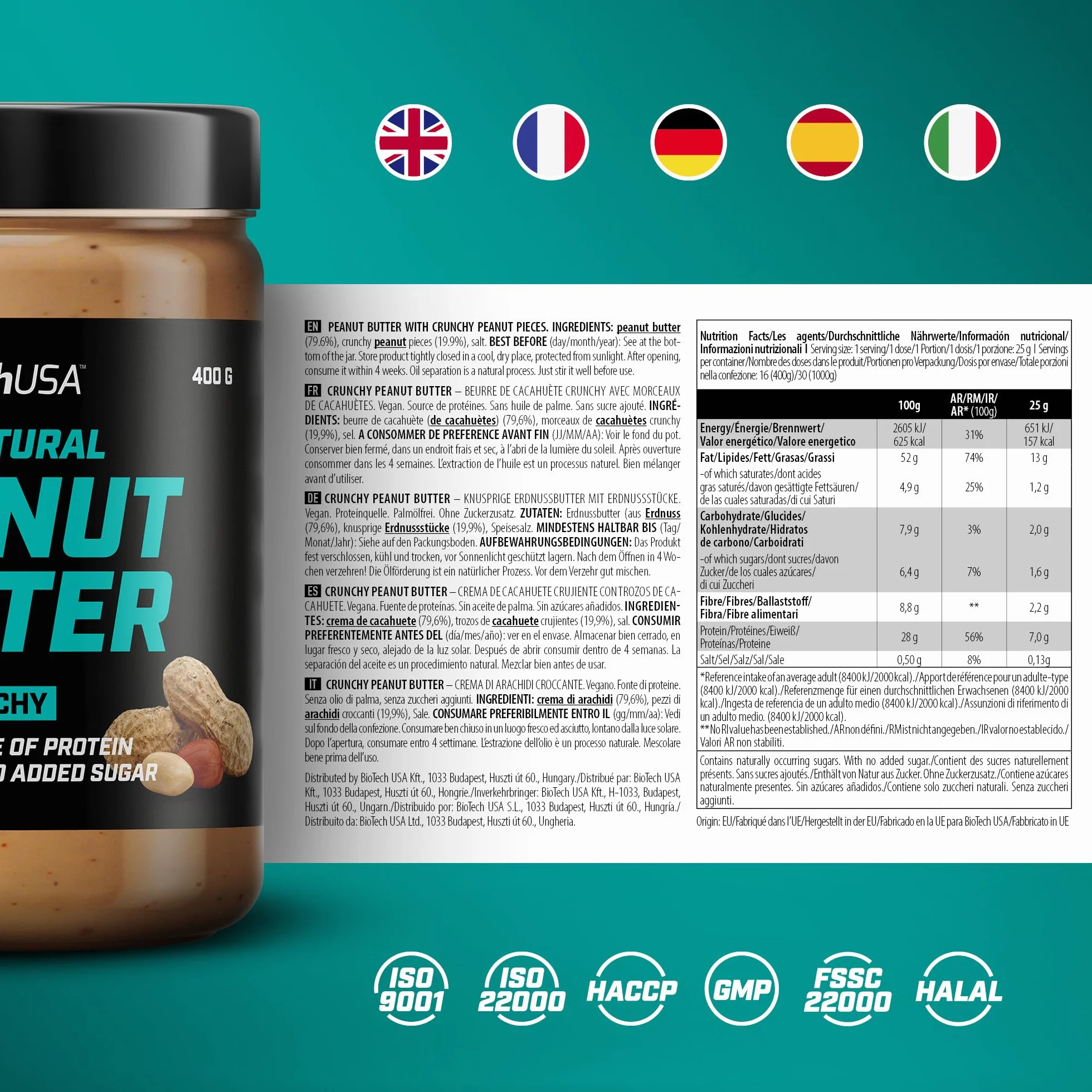 BioTechUSA Peanut Butter | Całkowicie naturalne wegańskie źródło białka | Bezglutenowe, o wysokiej zawartości błonnika, bez oleju palmowego, 400 g, Crunchy