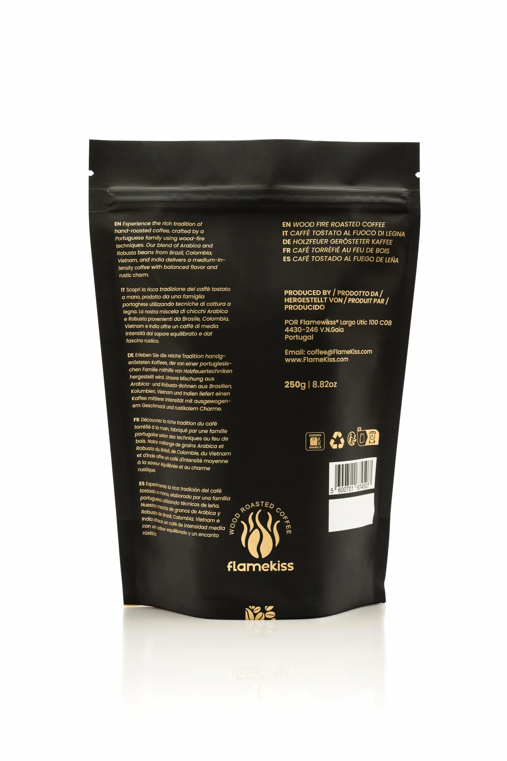 Flamekiss Ziarna kawy 250 g – najwyższej jakości rzemieślnicze ziarna Arabiki i Robusty Espresso palone w piecu opalanym drewnem, zapewniające bogate, aromatyczne doznania z kawy ziarnistej