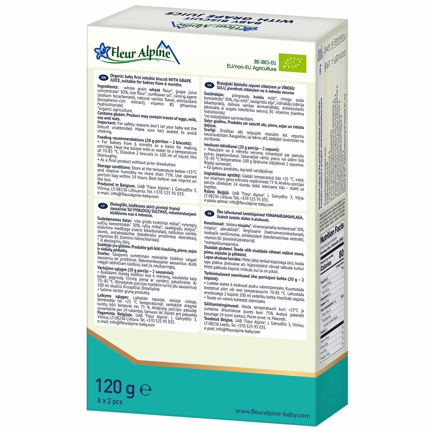Fleur Alpine Baby Herbatniki z Sokiem Winogronowym -12x2 Pyszne przekąski dla niemowląt na pyszną, gładką owsiankę śniadaniową przekąskę między posiłkami | Łatwe ciasteczka pełnoziarniste| 6 miesięcy