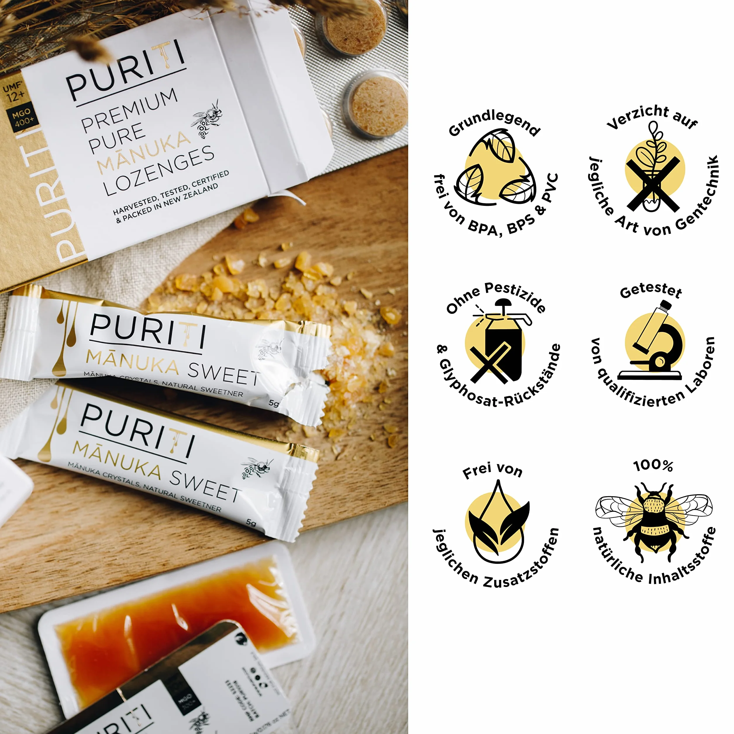 PURITI Manuka cukierki miodowe MGO 400+ z Nowej Zelandii z 92% miodu Manuka, bez dodatku cukru, bez sztucznych dodatków – 8 cukierków do ssania, 20 g
