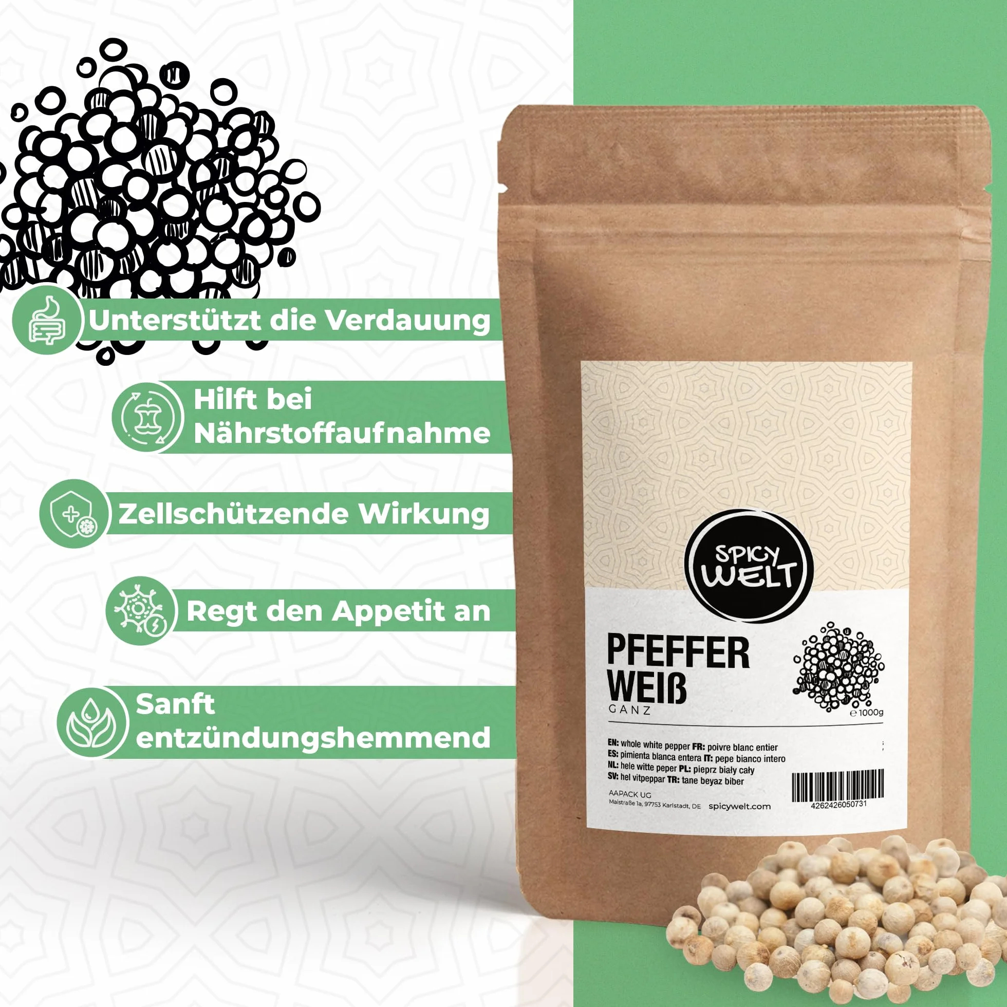 Spicy Welt Pieprz Biały Ziarnisty (100g) – Całe Ziarna do Jasnych Sosów, Żurku, Drobiu, Ryb, Zup & Purée | Łagodny, Ziemisty, Aromatyczny | 100% Naturalny, Bez Dodatków