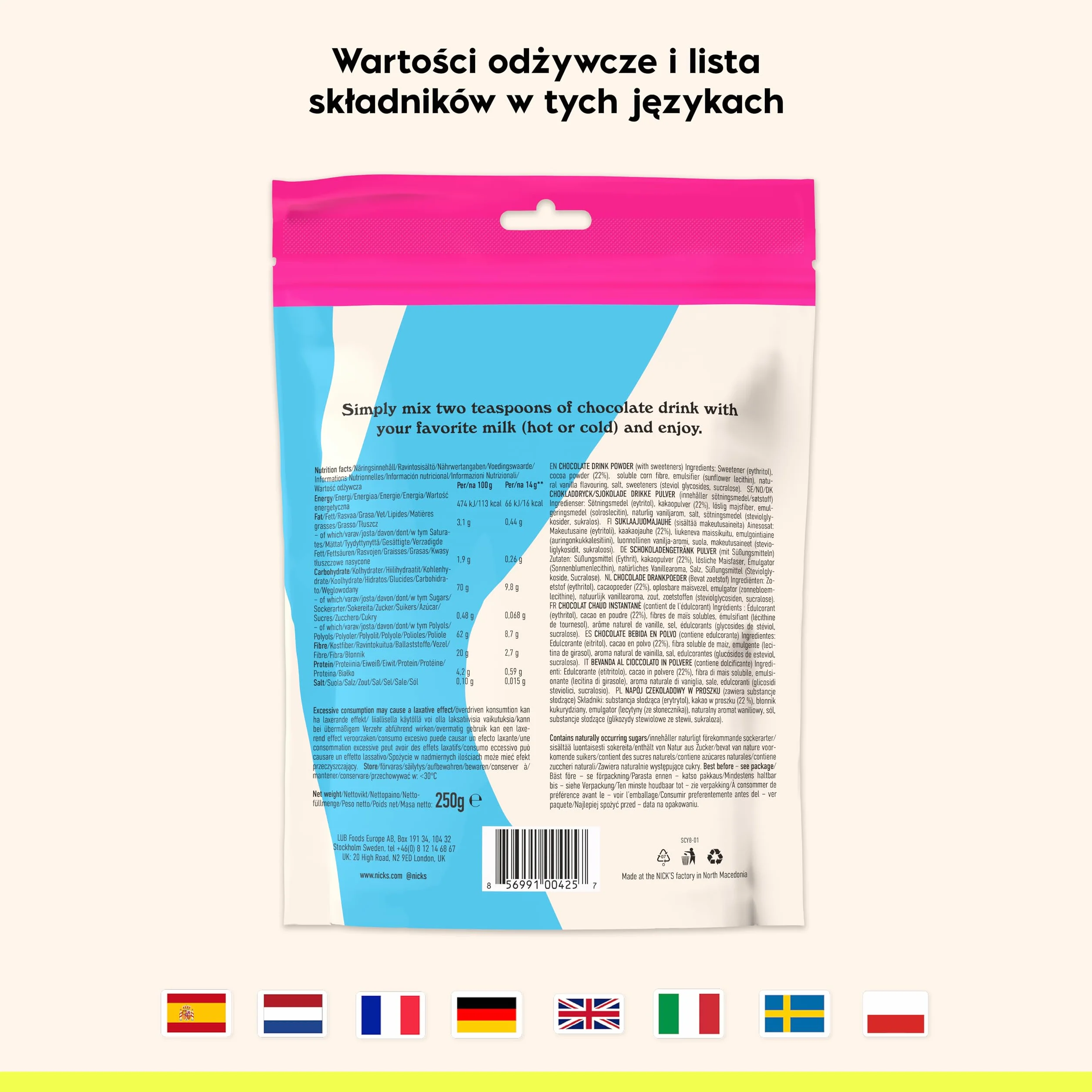 NICKS Chocolate drink, Gorąca czekolada bez dodatku cukru, wysokiej jakości kakaowa czekolada do picia keto, wegańska, bezglutenowa (250 g x 1 sztuki)