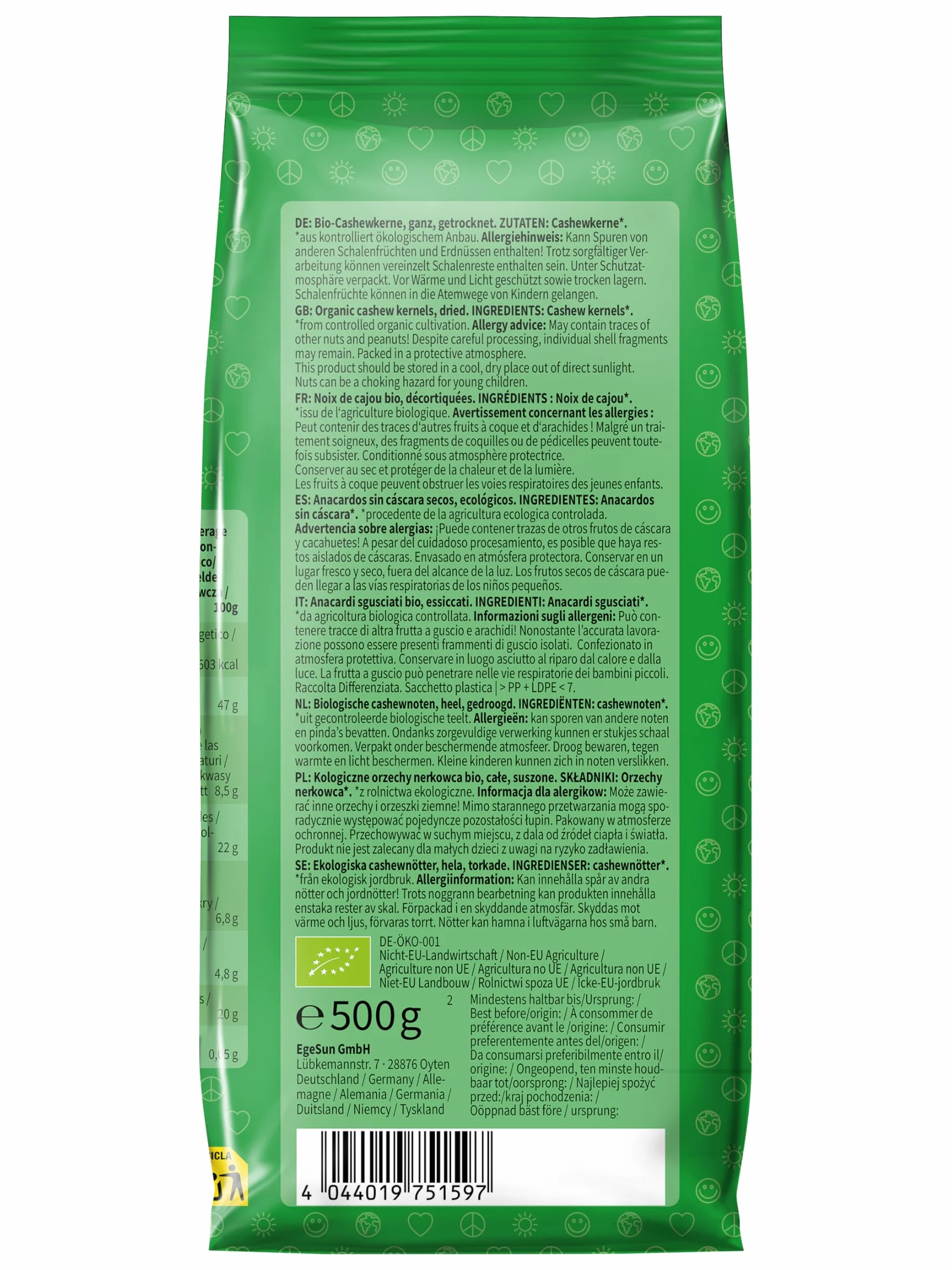 Mundo Feliz Organiczne Całe Orzechy Nerkowca 2 x 500 g