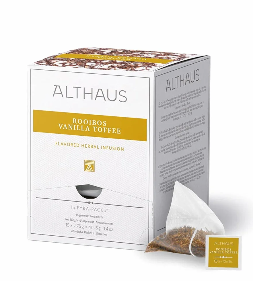 Althaus Herbata ROOIBOS VANILLA (wcześniej TOFFEE ROOIBUSH), herbata rooibos w woreczku piramidowym, zestaw PYRA – aromatyzowana herbata ziołowa o smaku waniliowo-karmelowym, 15 x 2,75 g