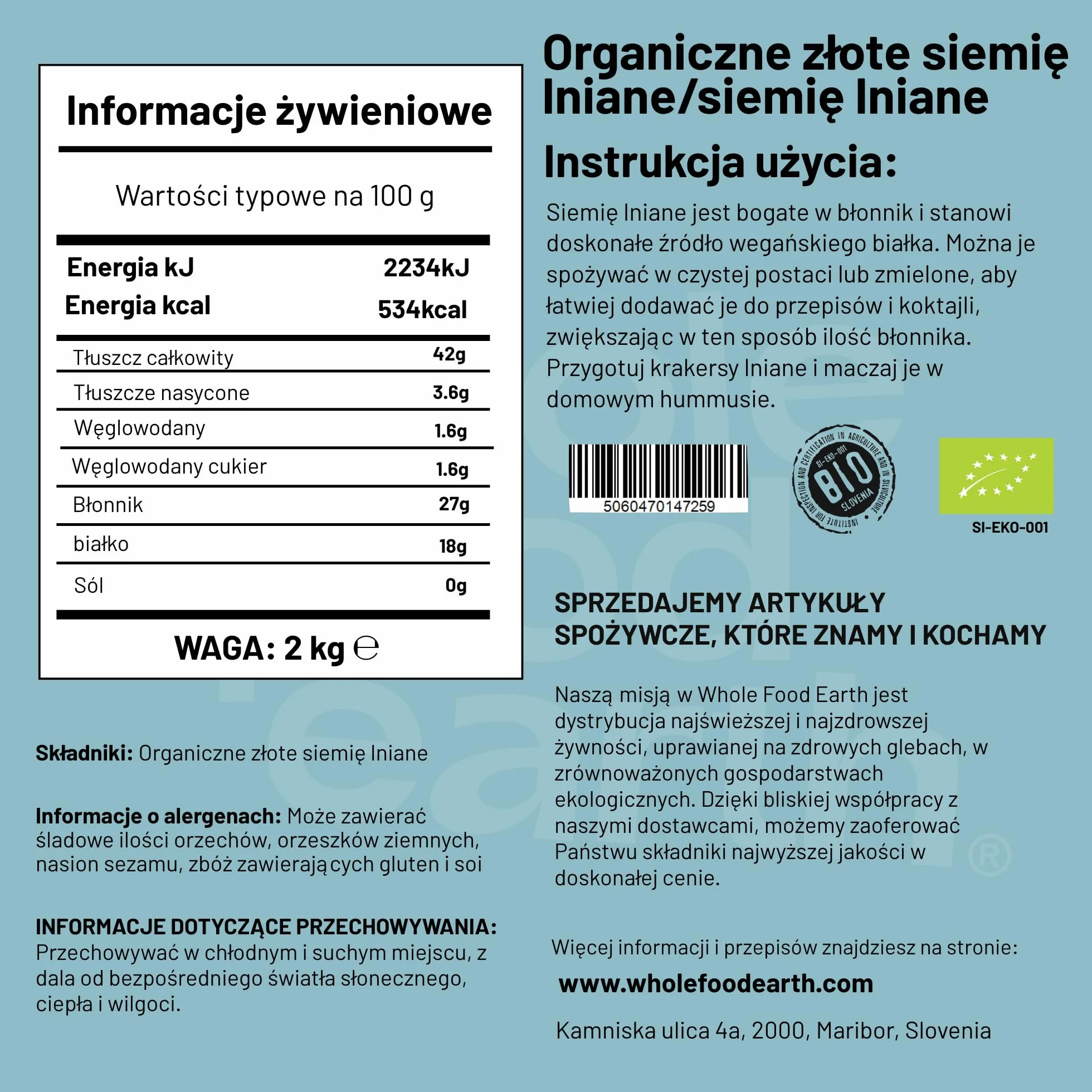 Wholefood Earth Ekologiczne Złote Siemię Lniane, Surowe, bez GMO, Wegańskie, o Zawartości Błonnika, Źródło Białka, 2 kg