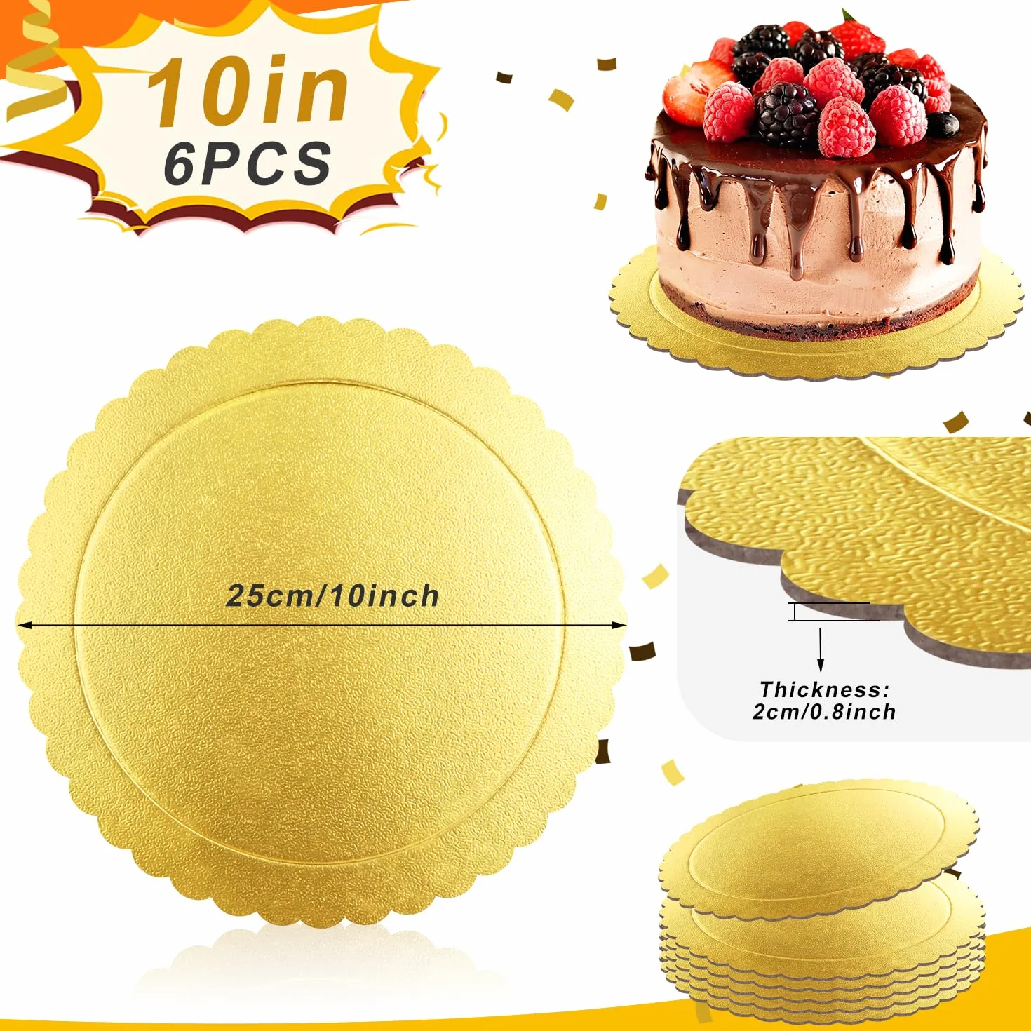 Podkładki pod tort 25 cm Podkładki pod tort okrągłe 6 sztuk Kuchenne płyty kartonowe z papieru ponownego użycia Podkładki pod tort do transportu ciast i tortów złote (10 cali złote)
