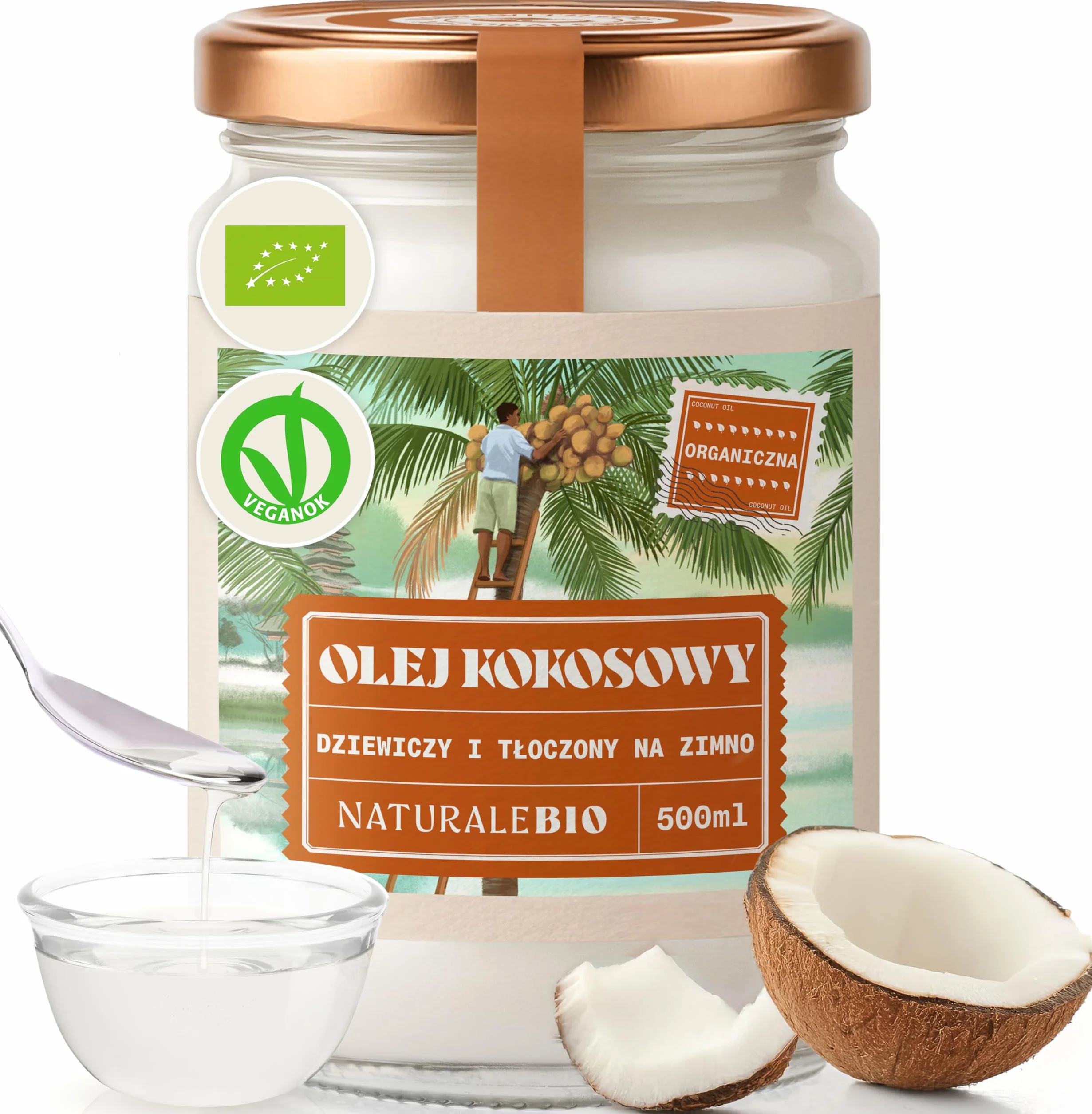 Olej kokosowy ekologiczny Extra Virgin 500 ml. Surowy i tłoczony na zimno. Organiczny, naturalny i czysty. Bio natywny i nierafinowany. Kraj pochodzenia Sri Lanka. NaturaleBio