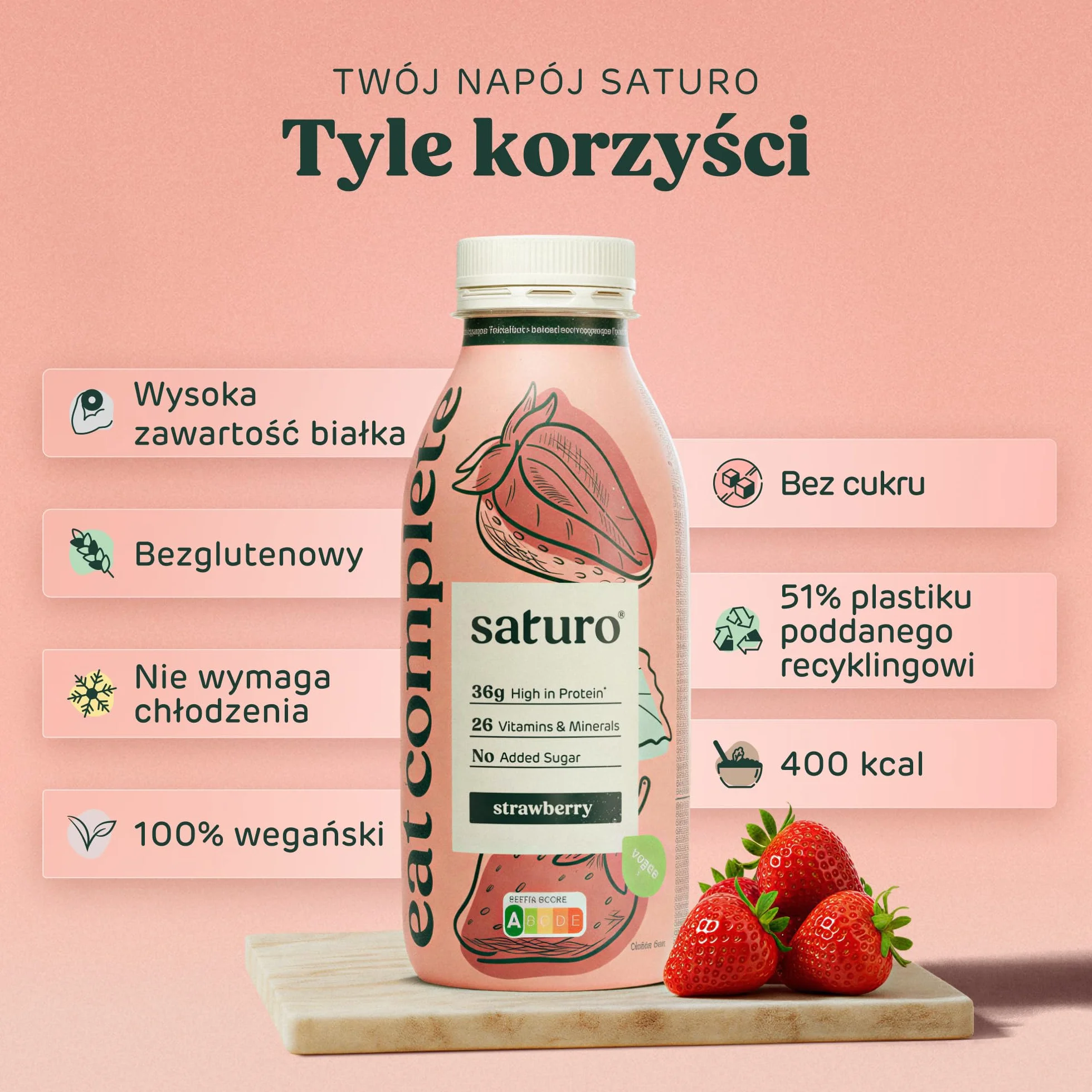 Saturo Pożywienie do picia truskawka 330 kcal białko 8 x 330 ml
