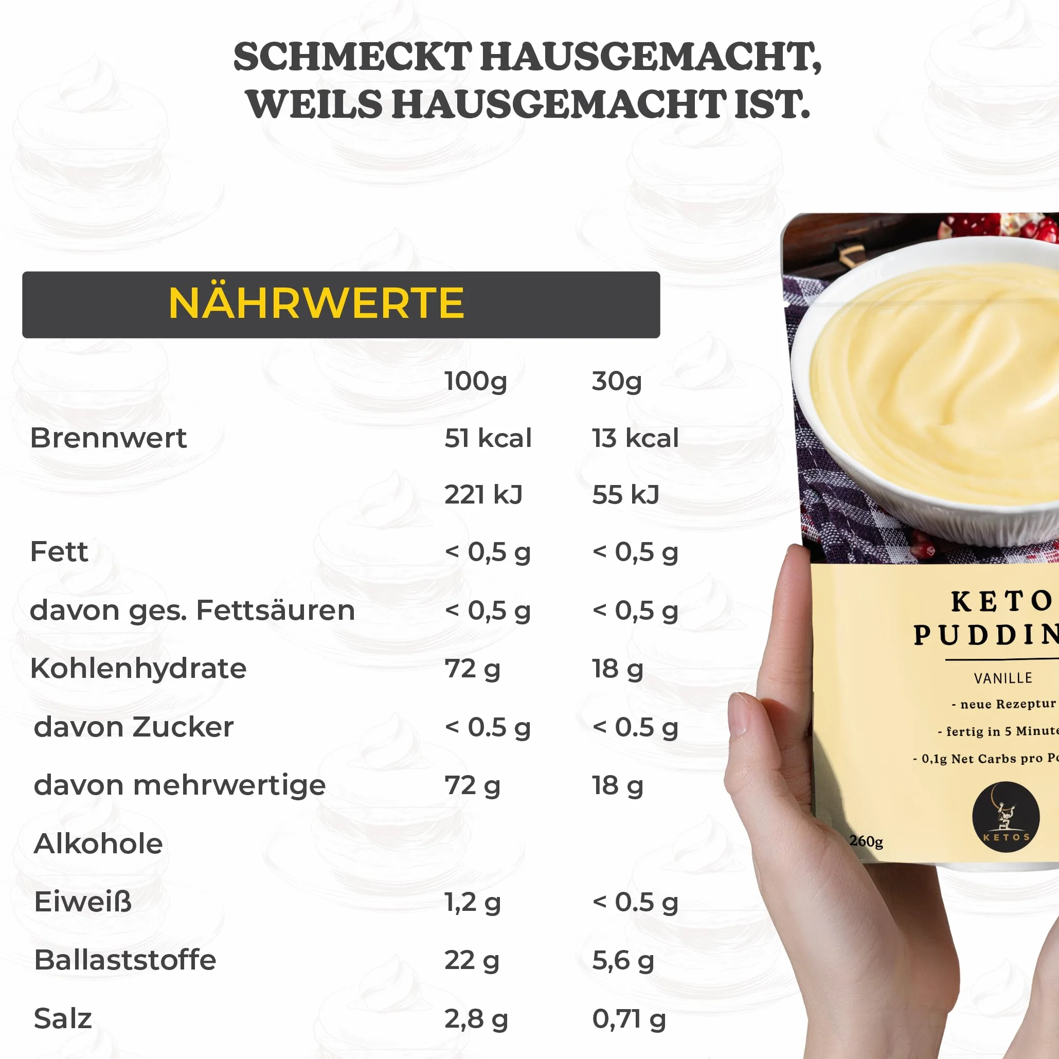 Keto Pudding duże opakowanie wanilii | do odżywiania niskowęglowodanowego i keto | 0,2 g węglowodanów netto | bogaty w błonnik