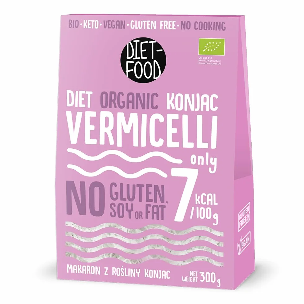 DIET-FOOD Vermicelli makaron konjak – ekologiczny makaron do zupy – bezglutenowy cienki makaron azjatycki – Rice Noodles – Low Carb Keto Vegan – bez cukru z mąki konjakowej – Shirataki