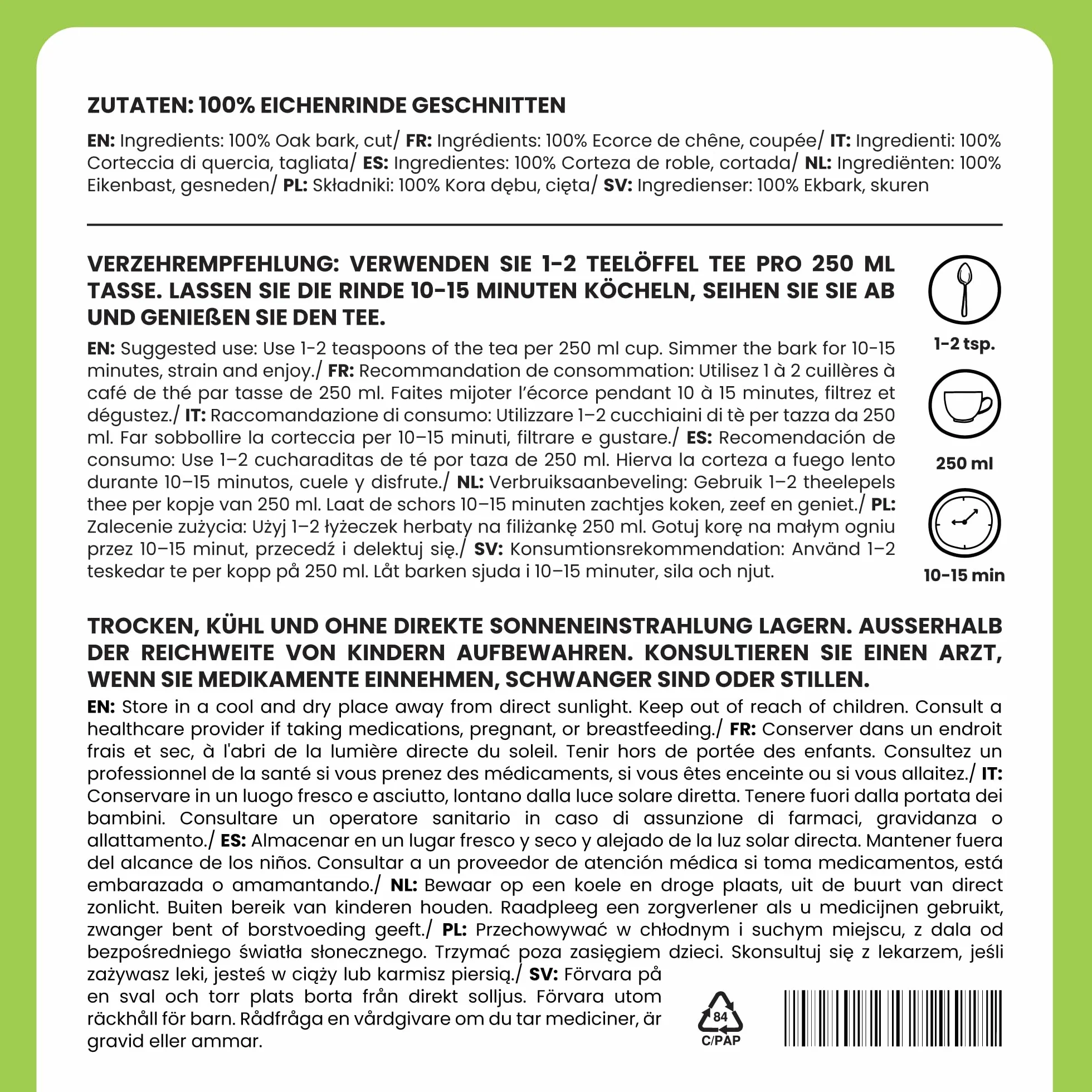 Alpi Nature Herbata z Kory Dębu 500g, Suszona i Cięta Kora Dębu do Przygotowania Herbaty i Naparów