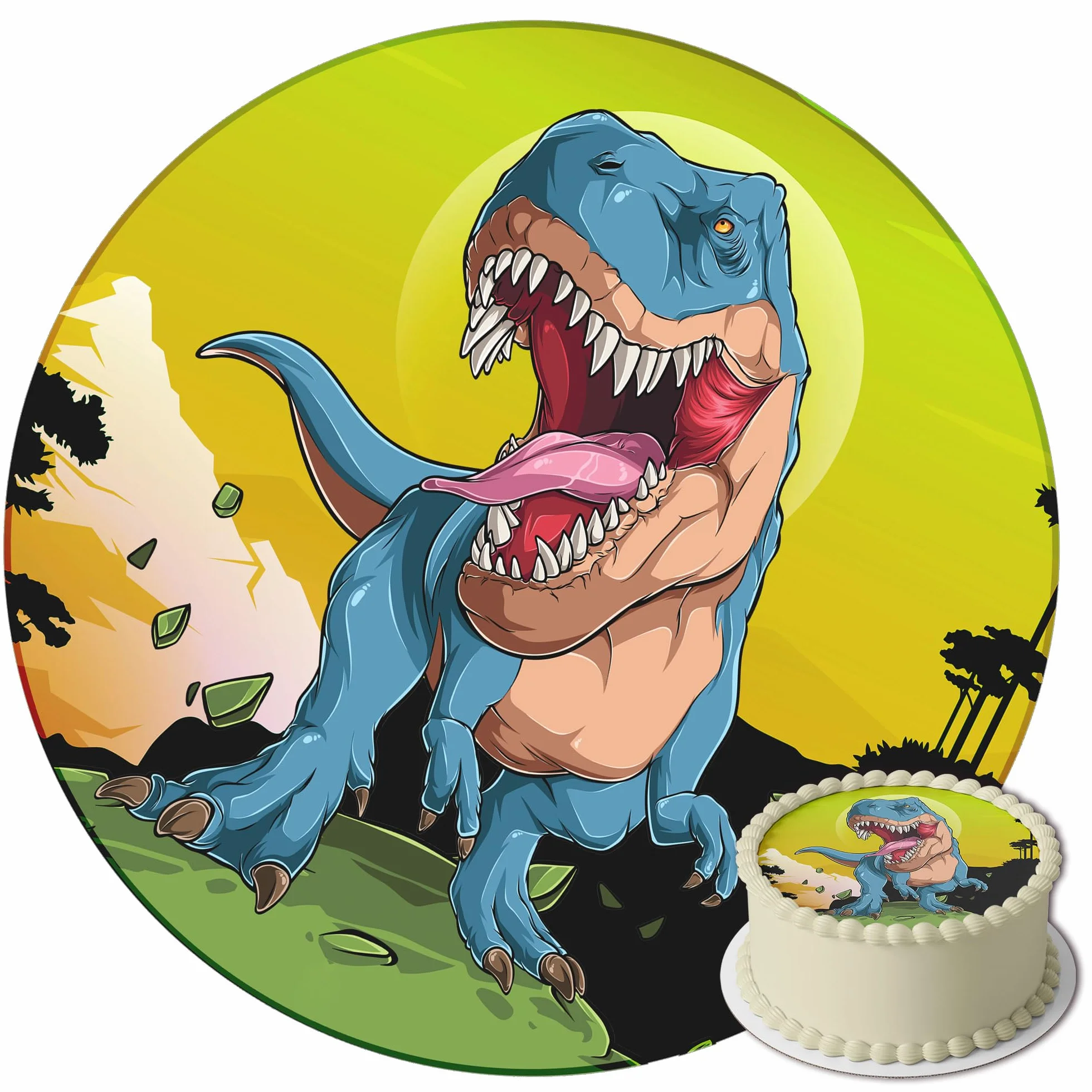 J&M DECO Opłatek na tort Dinozaury Ø20 cm – jadalna dekoracja urodzinowa z motywem dinozaurów – topper prehistoryczny dla dzieci – bezglutenowy i wegański