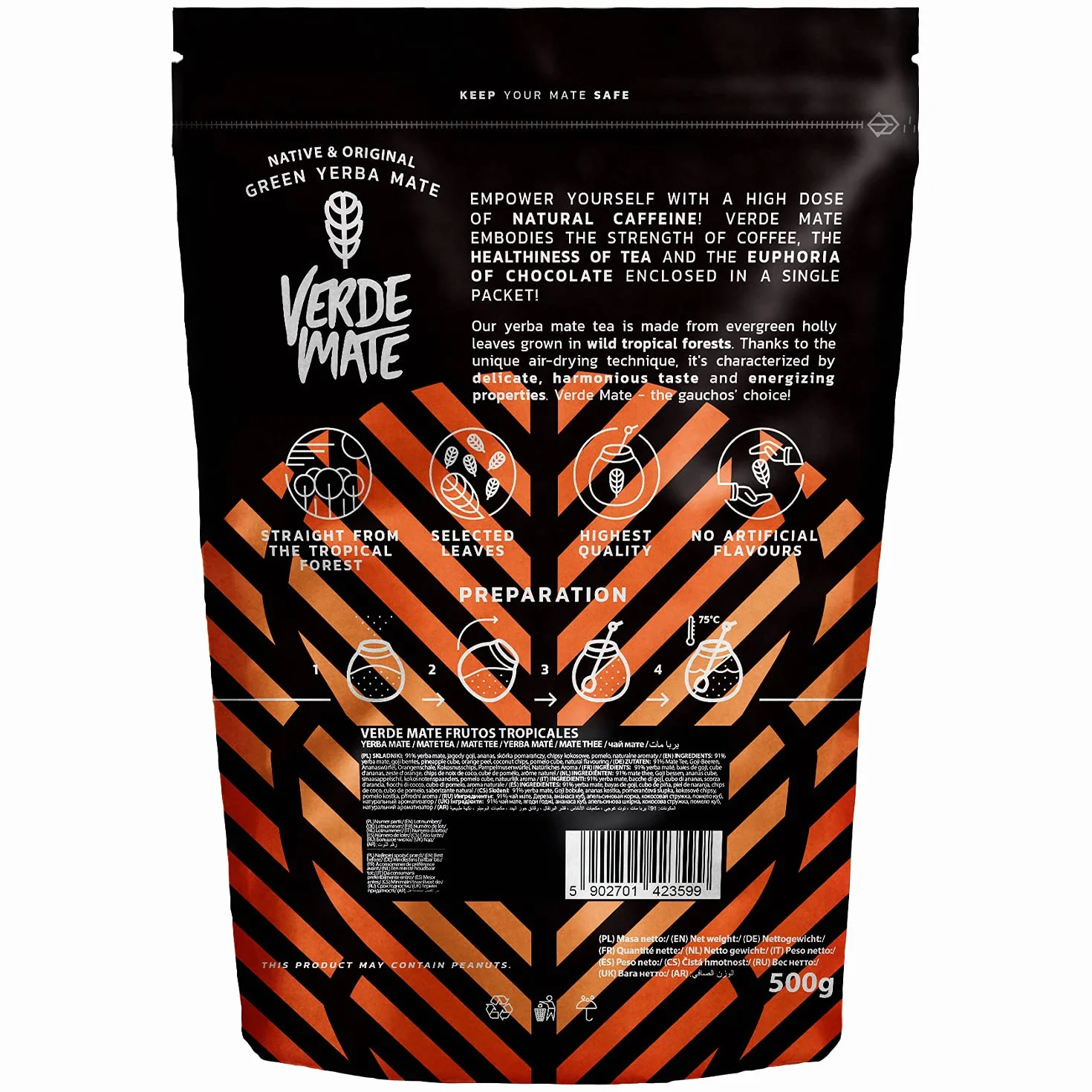 Verde Mate Green Frutos Tropicales 0,5 kg | Pobudzająca yerba mate z owocami tropikalnymi 500 g | Łagodny smak | Naturalna kofeina | Herbata Yerba Mate z Brazylii | 500 g