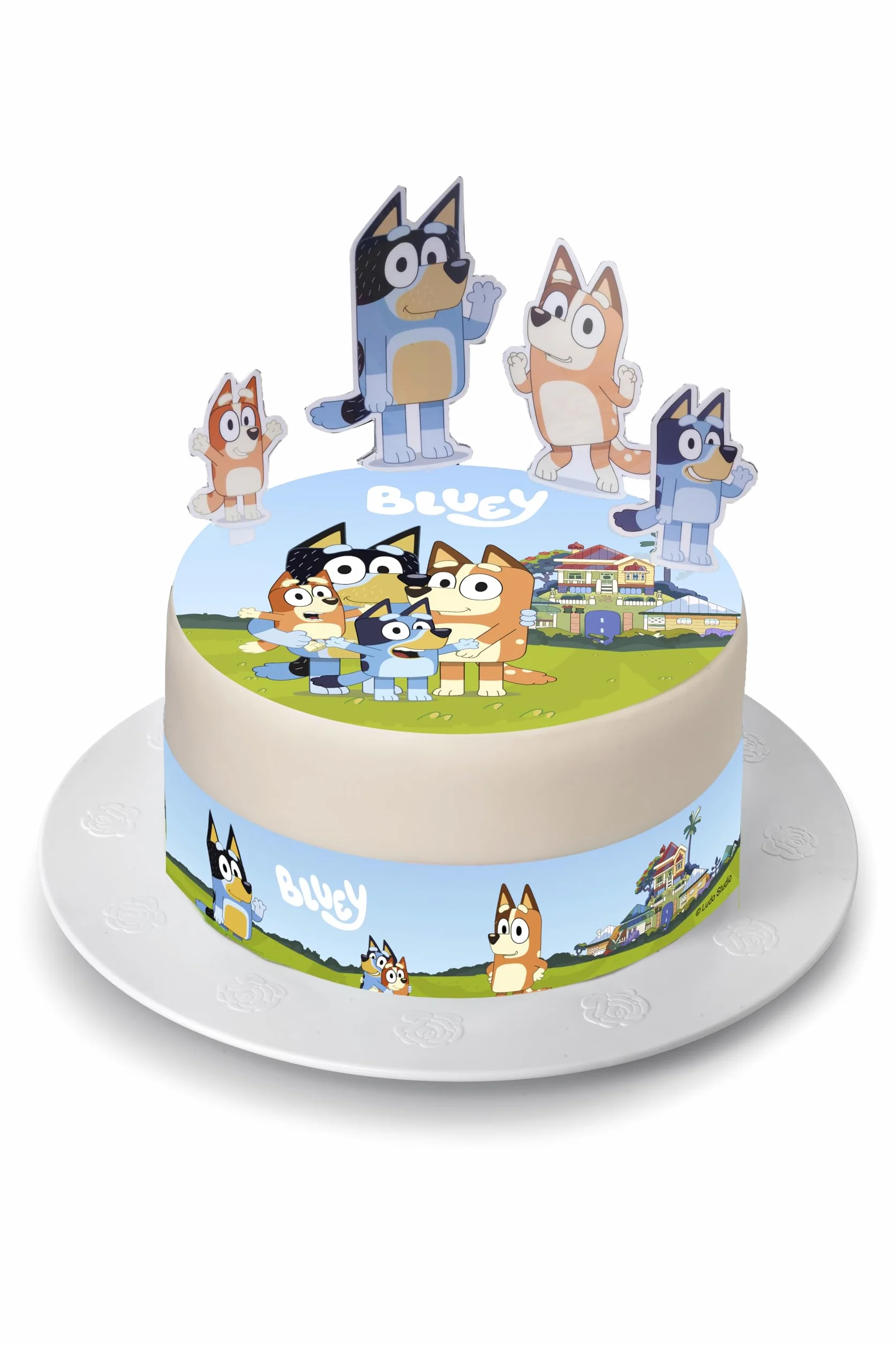 Bluey papierowy top na tort i figurki, jadalny talerz na tort, dekoracja tortu urodzinowego Bluey, 20 cm + 4 wstążki 28 x 4 cm + 4 figurki