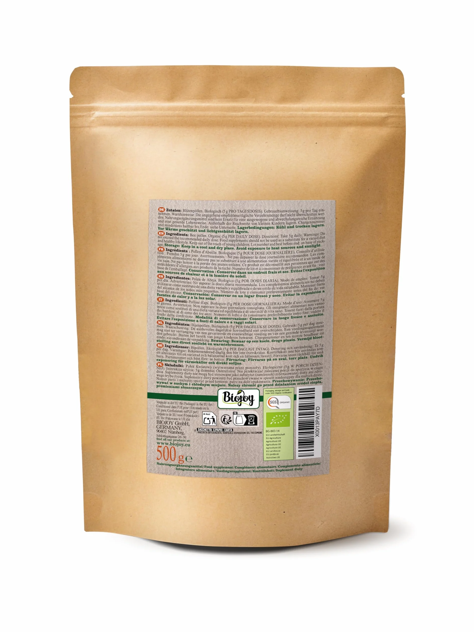 Biojoy Ekologiczny Pyłek pszczeli 500 g granulat pyłku kwiatowego naturalny