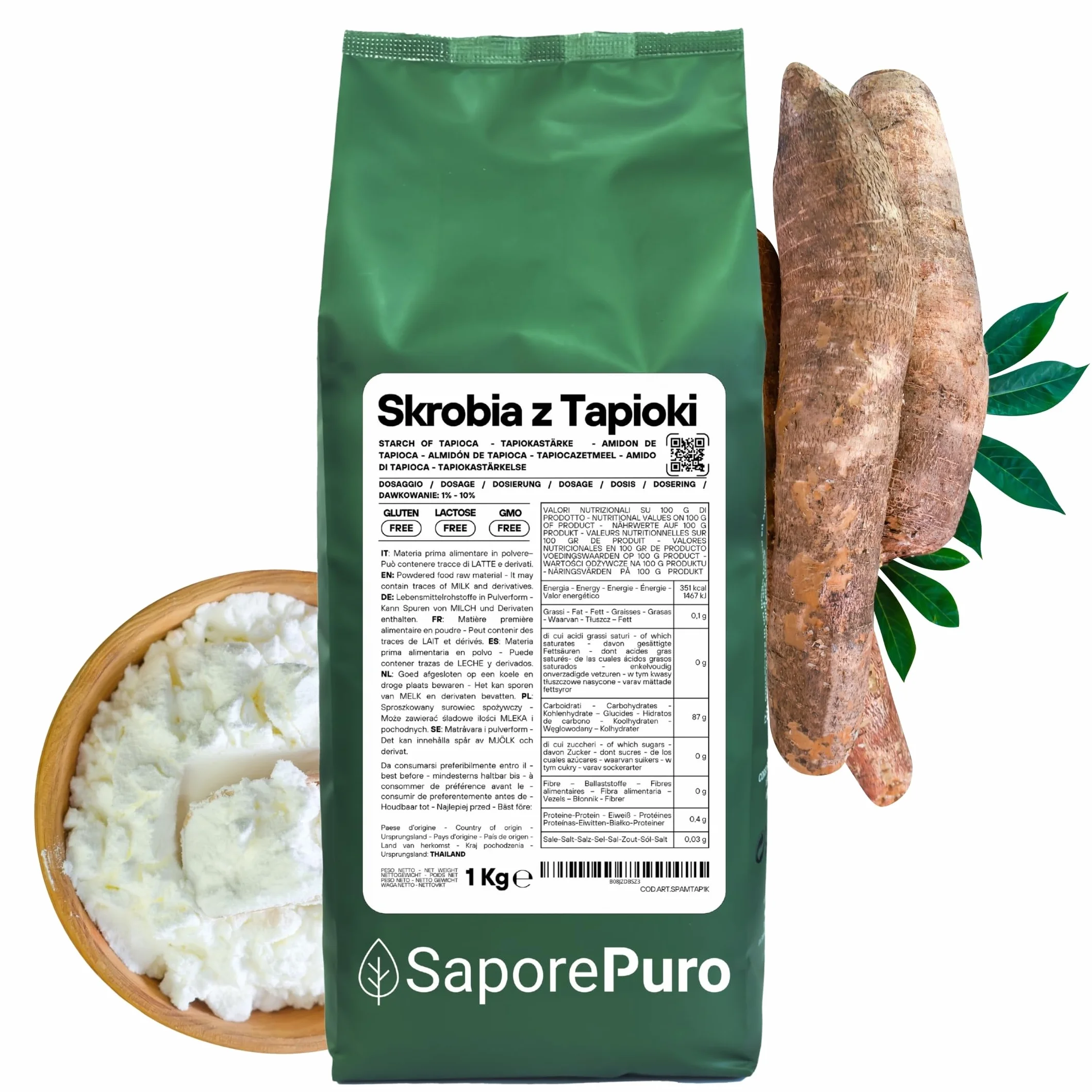 Saporepuro Skrobia z tapioki 1 kg – Bez Glutenu – Naturalny Zagęstnik do Kremów, Sosów, Deserów i Potraw