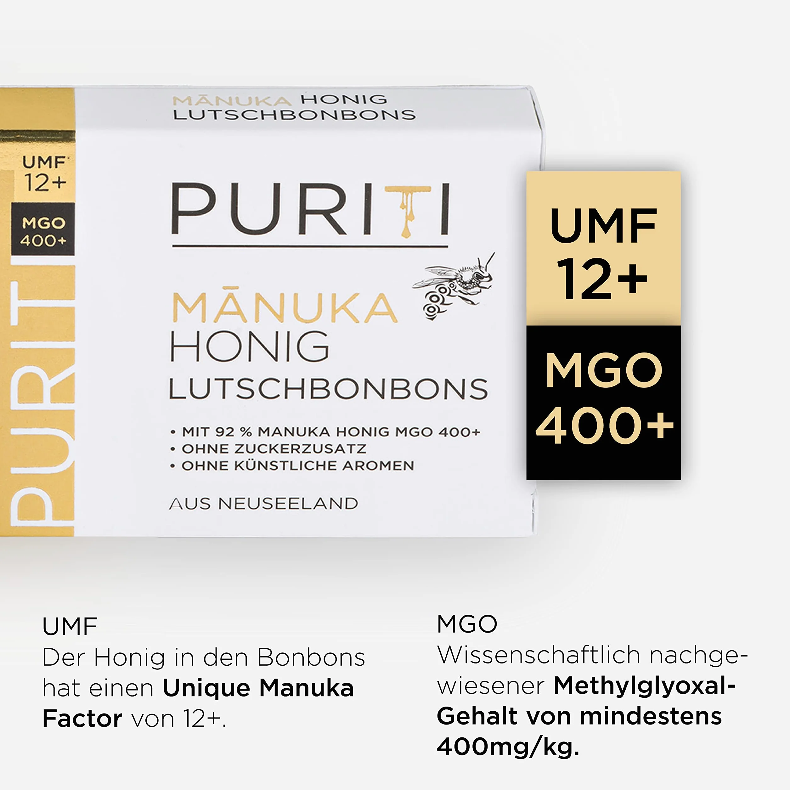 PURITI Manuka cukierki miodowe MGO 400+ z Nowej Zelandii z 92% miodu Manuka, bez dodatku cukru, bez sztucznych dodatków – 8 cukierków do ssania, 20 g