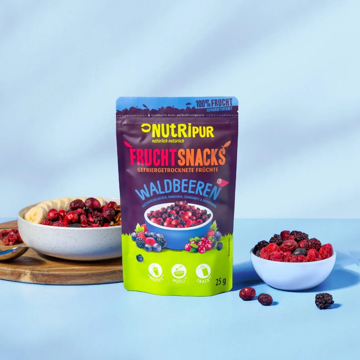 Owoce leśne, suszone w zamrażarce: 100 g jeżyny, borówki, żurawiny, maliny, mrożone i niecukru – suszone owoce, owoce mrożone, suszone w zamrażarce, jagody NutriPur