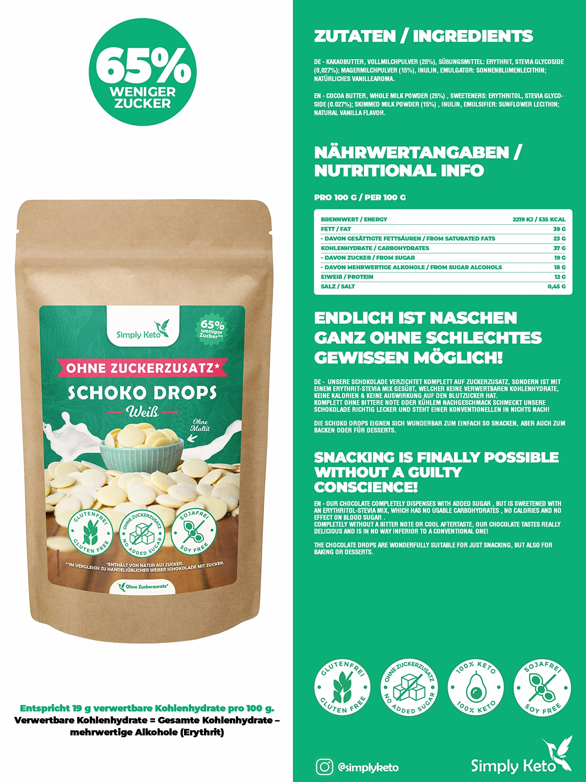 Simply Keto Lower carb* czekoladowe krople bez dodatku cukru 750 g – białe krople czekoladowe do podjadania lub pieczenia