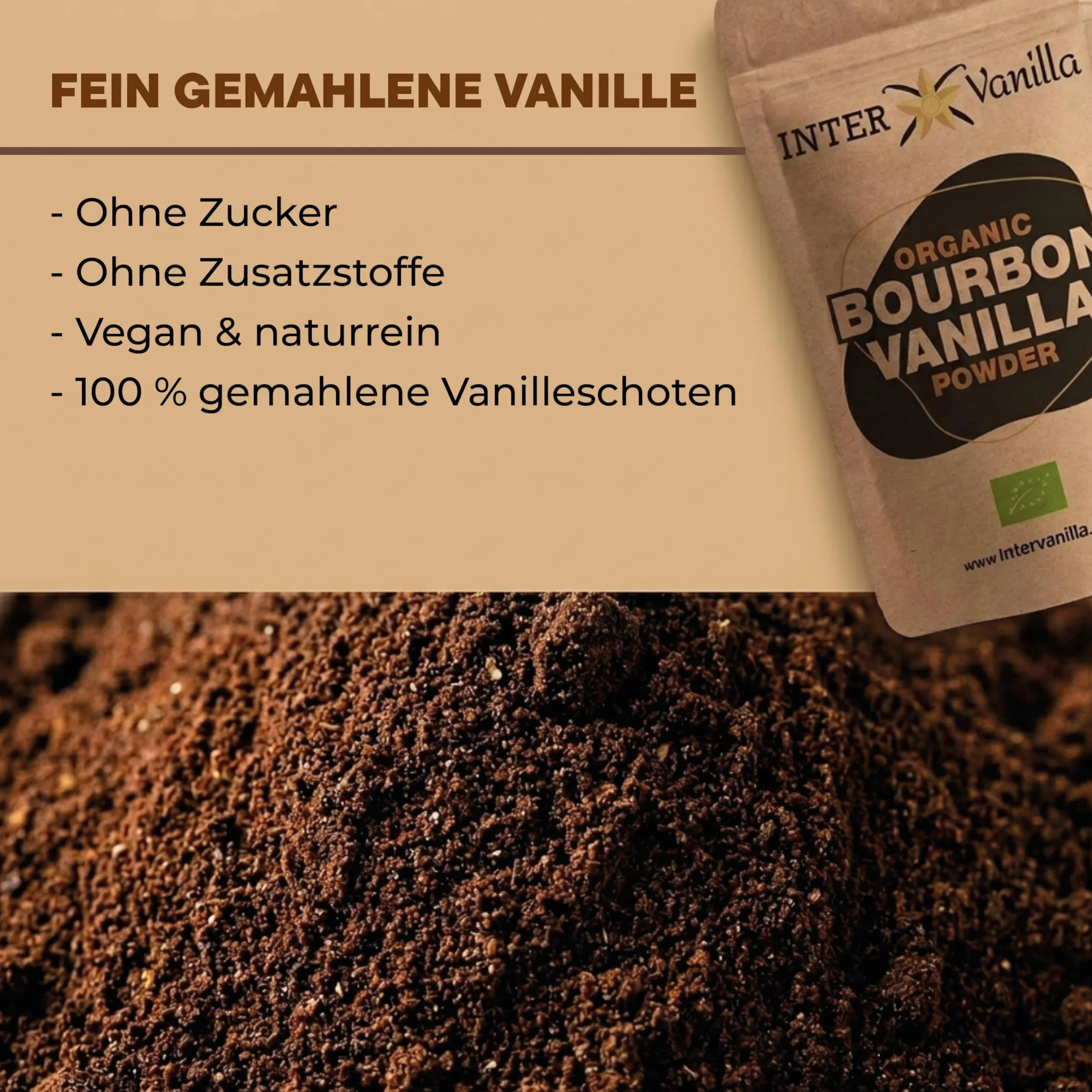 InterVanilla BIO Bourbon proszek waniliowy, 25g zmielonego proszku wanilii Bourbon. Proszek waniliowy z Madagaskaru. Zmielona wanilia bez dodatków