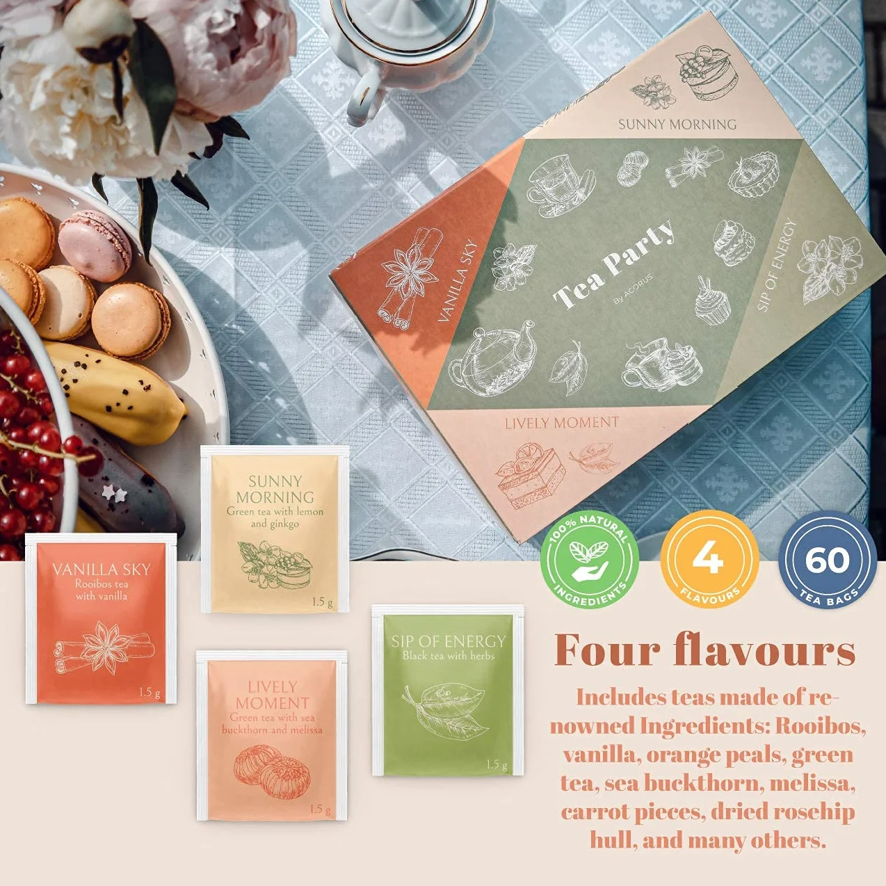 ACORUS Impreza herbaciana z 4 różnymi smakami| 40 sztuk naturalnej herbaty Rooibos, czarnej i zielonej w pięknym pudełku upominkowym