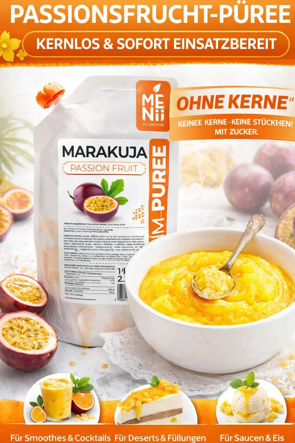 Marakuja Premium Puree Maracuja Pulpa Owocowa 1 kg do deserów, koktajli, twarogu, napojów, sorbetu, galaretki, marakui, Premium Puree, przecier owocowy