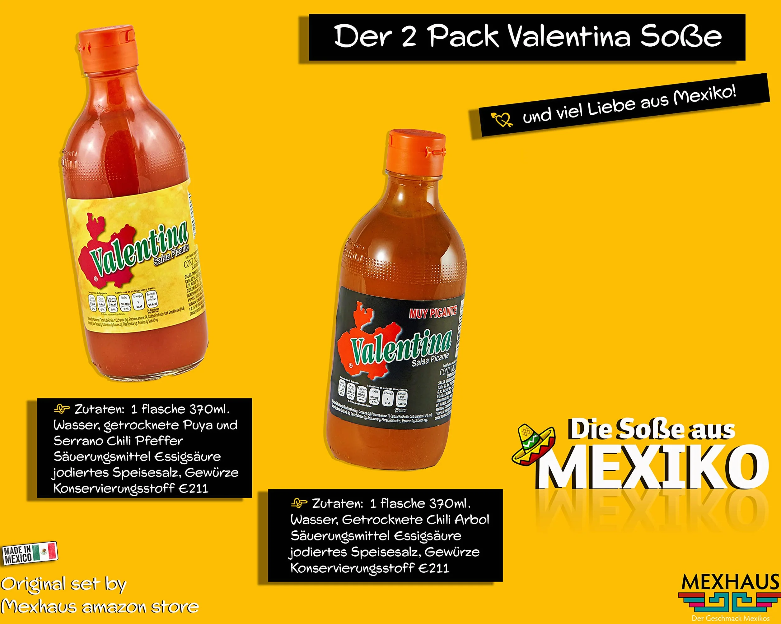 Valentina ostry sos i Valentina ekstra ostry / (opakowanie 2 szt.) – po 370 ml, bezglutenowy, beztłuszczowy i bezcukrowy, Viva México Collection by Mexhaus