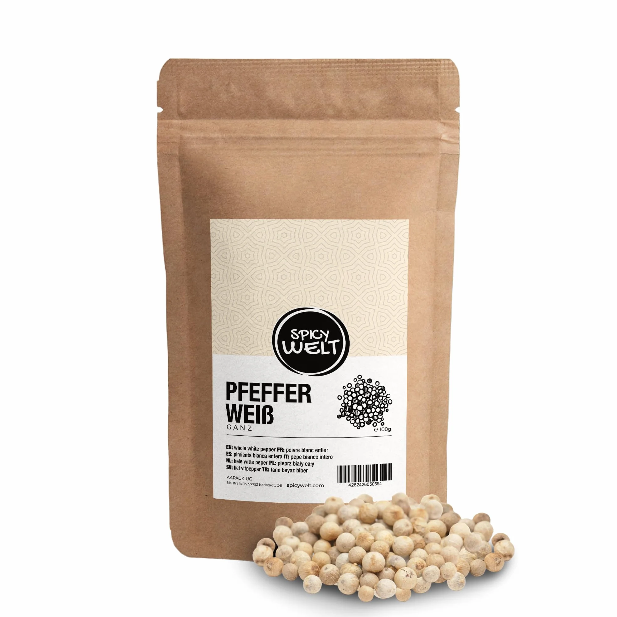 Spicy Welt Pieprz Biały Ziarnisty (100g) – Całe Ziarna do Jasnych Sosów, Żurku, Drobiu, Ryb, Zup & Purée | Łagodny, Ziemisty, Aromatyczny | 100% Naturalny, Bez Dodatków