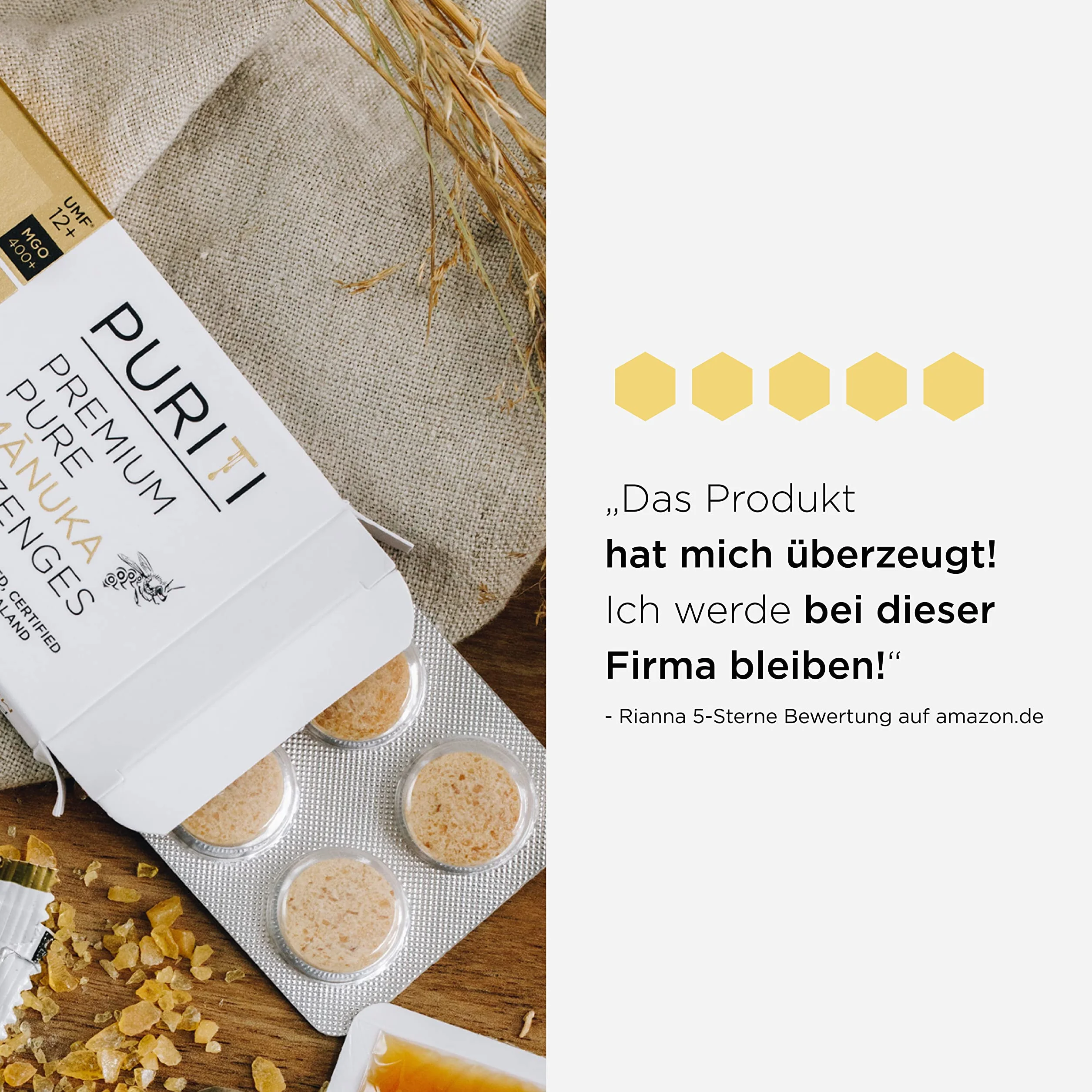 PURITI Manuka cukierki miodowe MGO 400+ z Nowej Zelandii z 92% miodu Manuka, bez dodatku cukru, bez sztucznych dodatków – 8 cukierków do ssania, 20 g