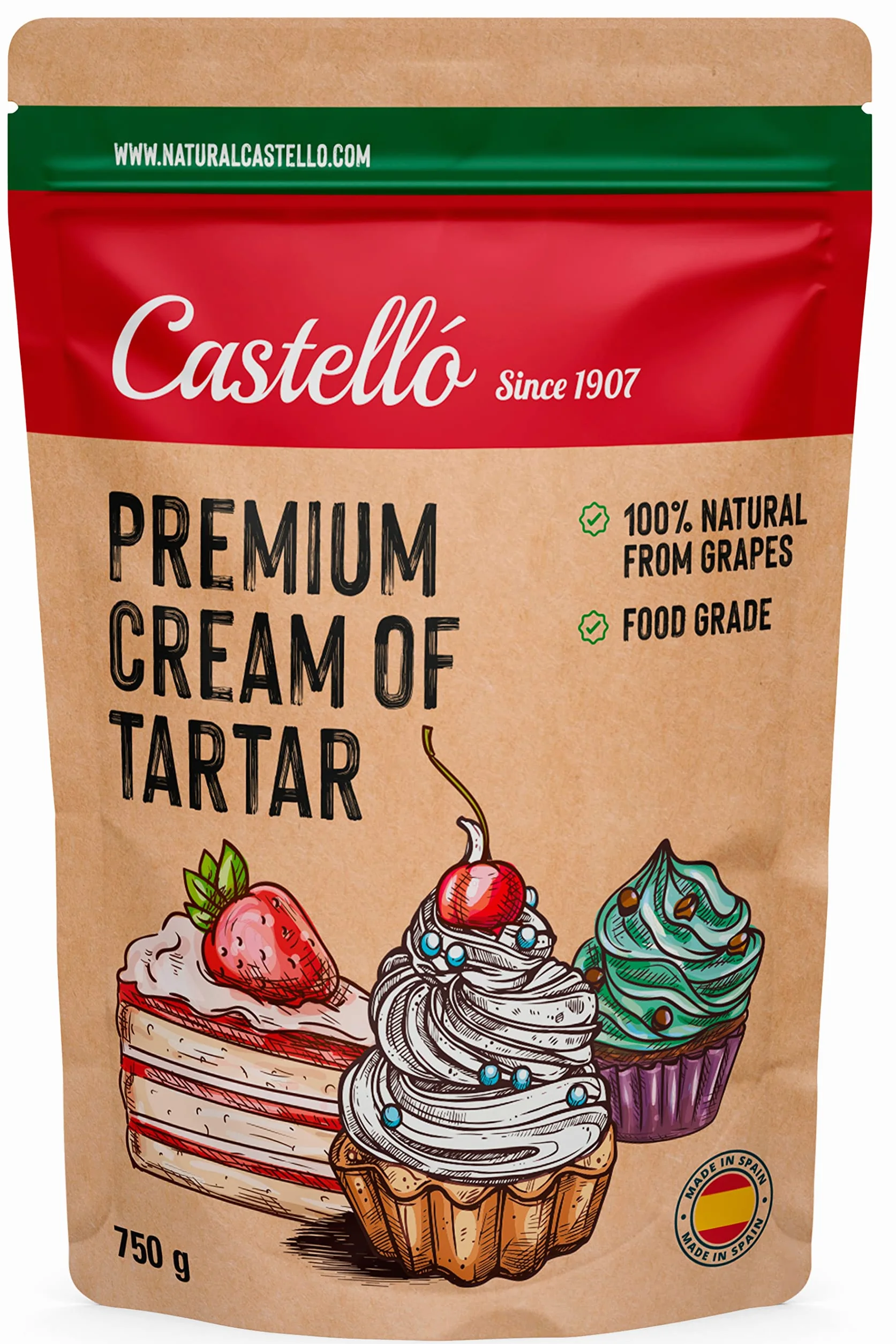 Castello since 1907 Kamień winny (Cream of Tartar) 750 g - 100% naturalny - Naturalna substytutka proszku do pieczenia - Bezglutenowy - Bez fosforanów - Keto i Paleo - Bez GMO