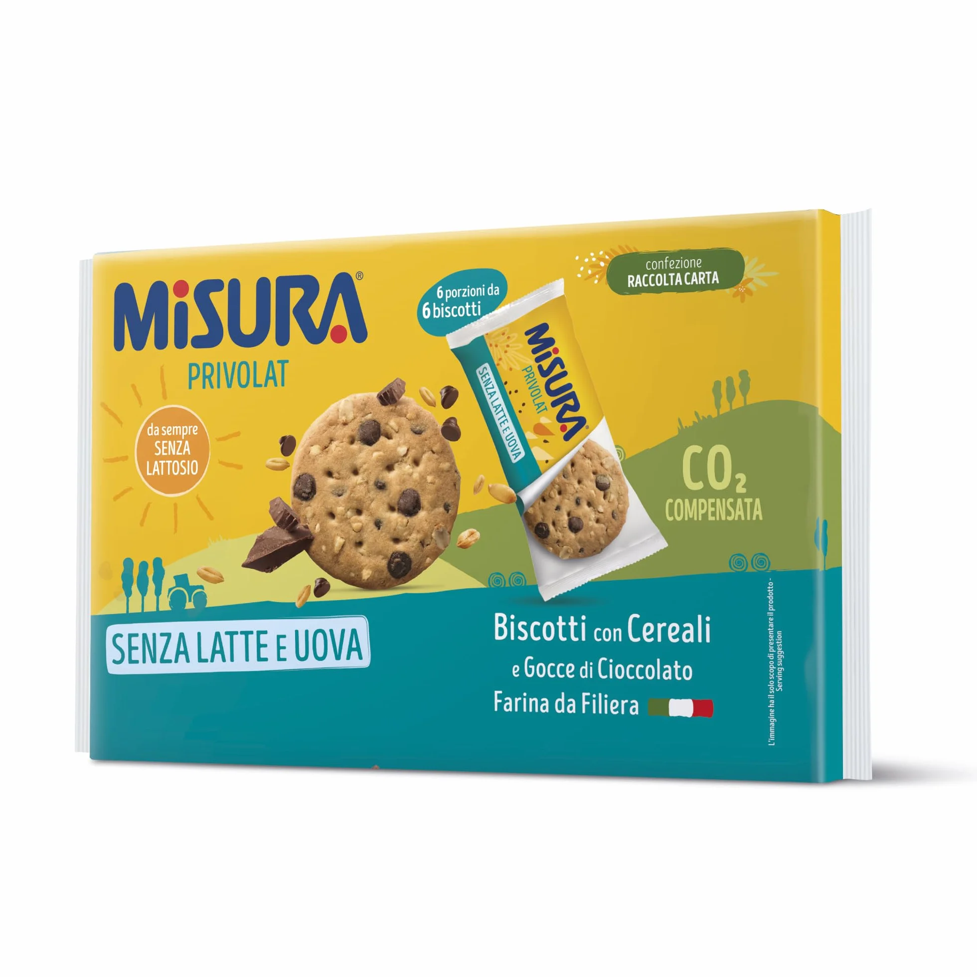 Misura Privolat Biscotti con Cereali e Gocce di Cioccolato | Senza Latte e Uova | Farina da Filiera Italiana | Confezione in Carta Certificata FSC | 6 Porzioni da 6 Biscotti